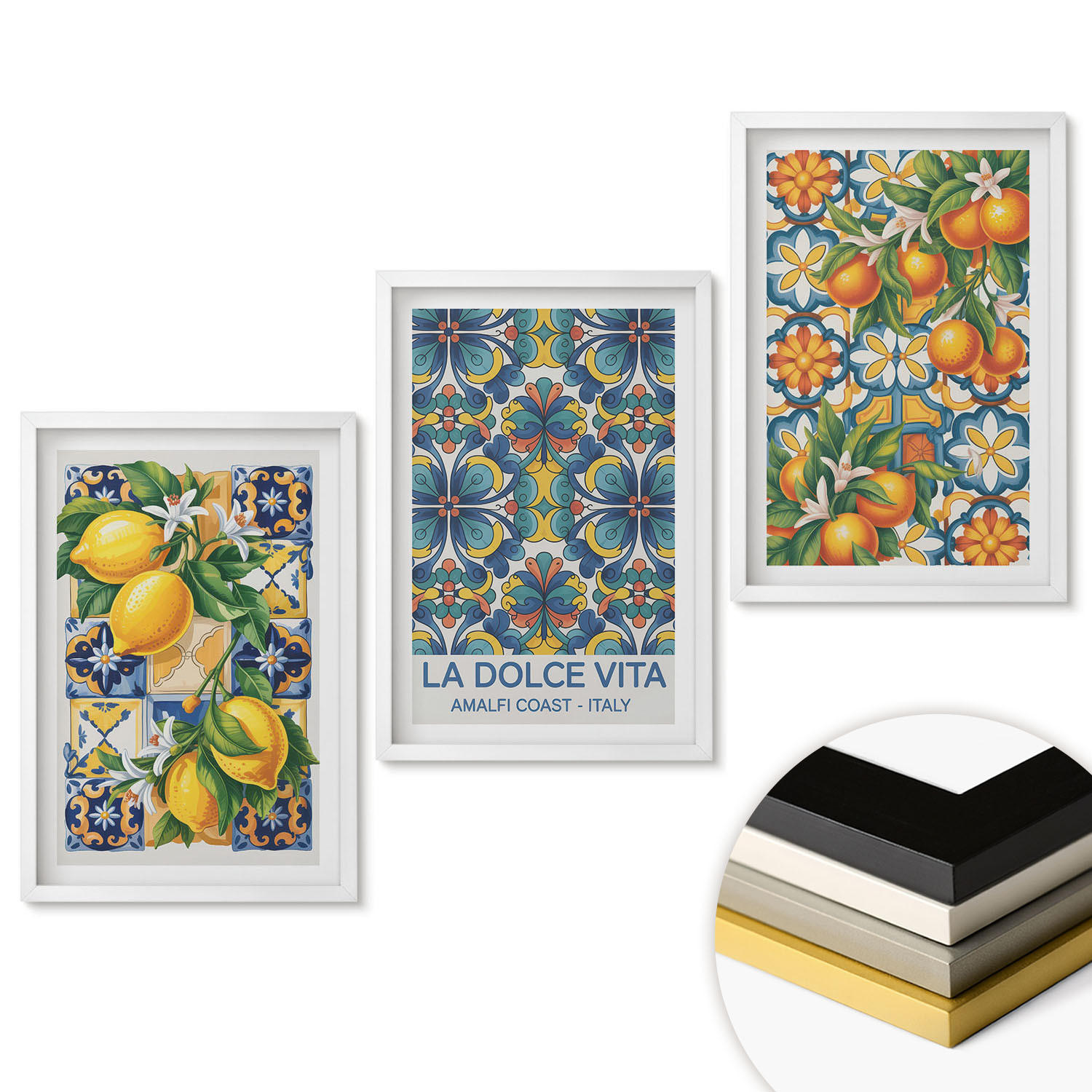 WANDBILDER 3er-Set - 40x60 cm Weißer Rahmen - Zitronen-Orangenblütenmuster - Weiß, Kunststoff (40/60cm) - ArtPrintCave