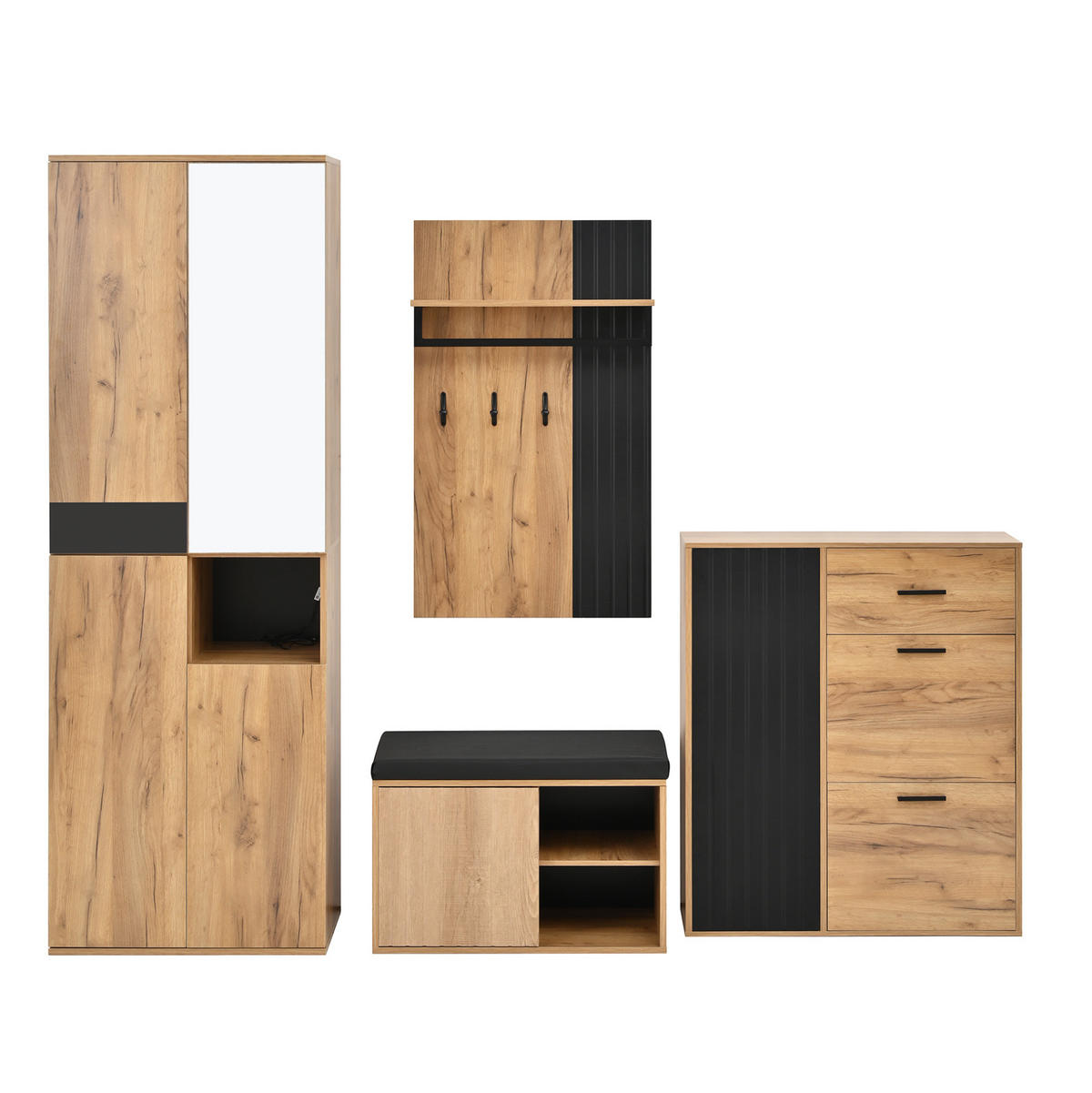 GARDEROBENSET 215/36/190 cm naturfarben/schwarz aus Spanplatte mit Spiegel und viel Stauraum - Naturfarben, Holzwerkstoff (215/190/36cm) - OKWISH