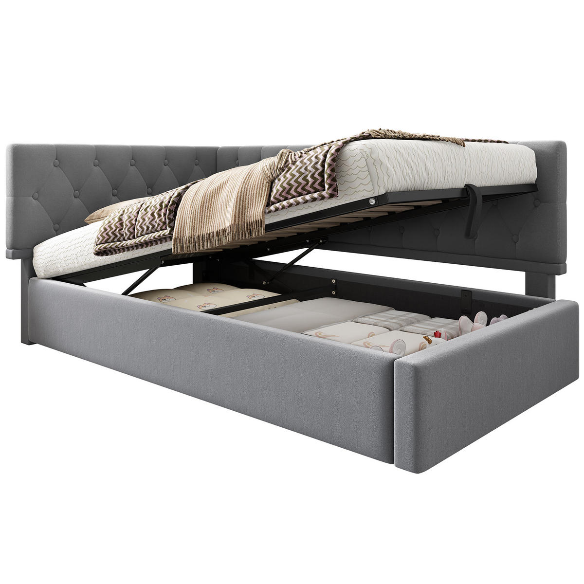 POLSTERBETT L-förmig mit Stauraum Samt Grau 90/200 cm - Grau, Textil (90/200cm) - OKWISH