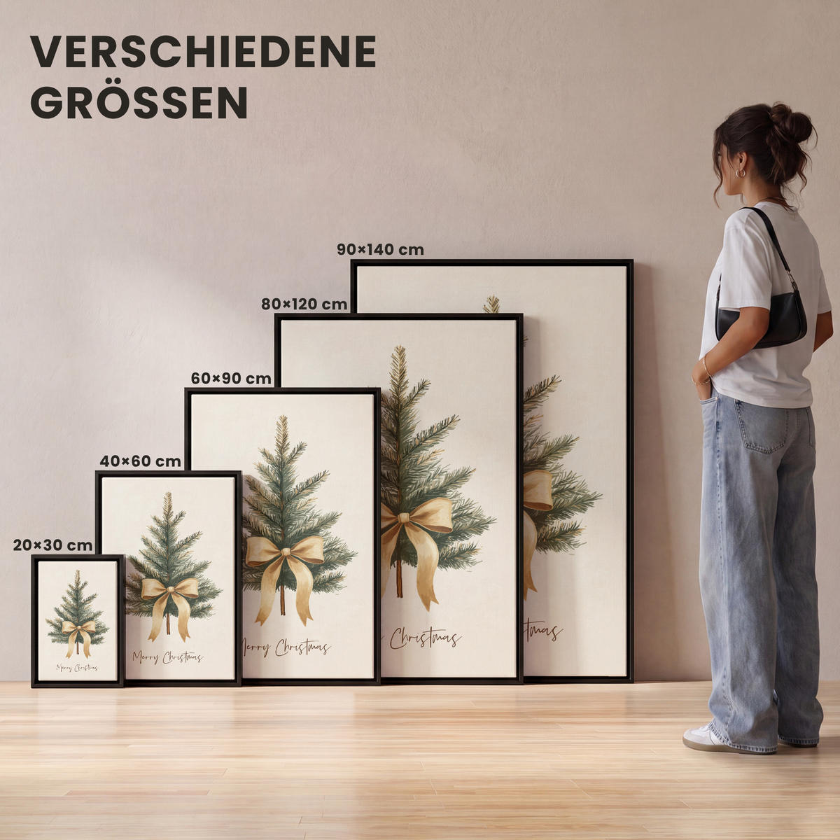 LEINWAND Bilder mit Rahmen - Weihnachtsbaum - Weihnachten - Frohe Weihnachten - Beige - 40x60 - Sandfarben, Textil (40/60cm) - MuchoWow