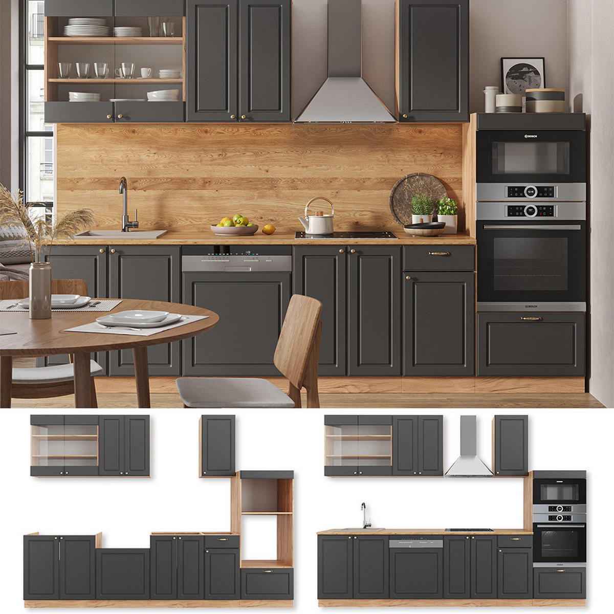 KÜCHENZEILE Fame-Line Anthrazit Landhaus/Goldkraft Eiche 300 cm AP Marmor - Dunkelgrau/Eiche Wotan, Holzwerkstoff (300/81.6/60cm) - Vicco