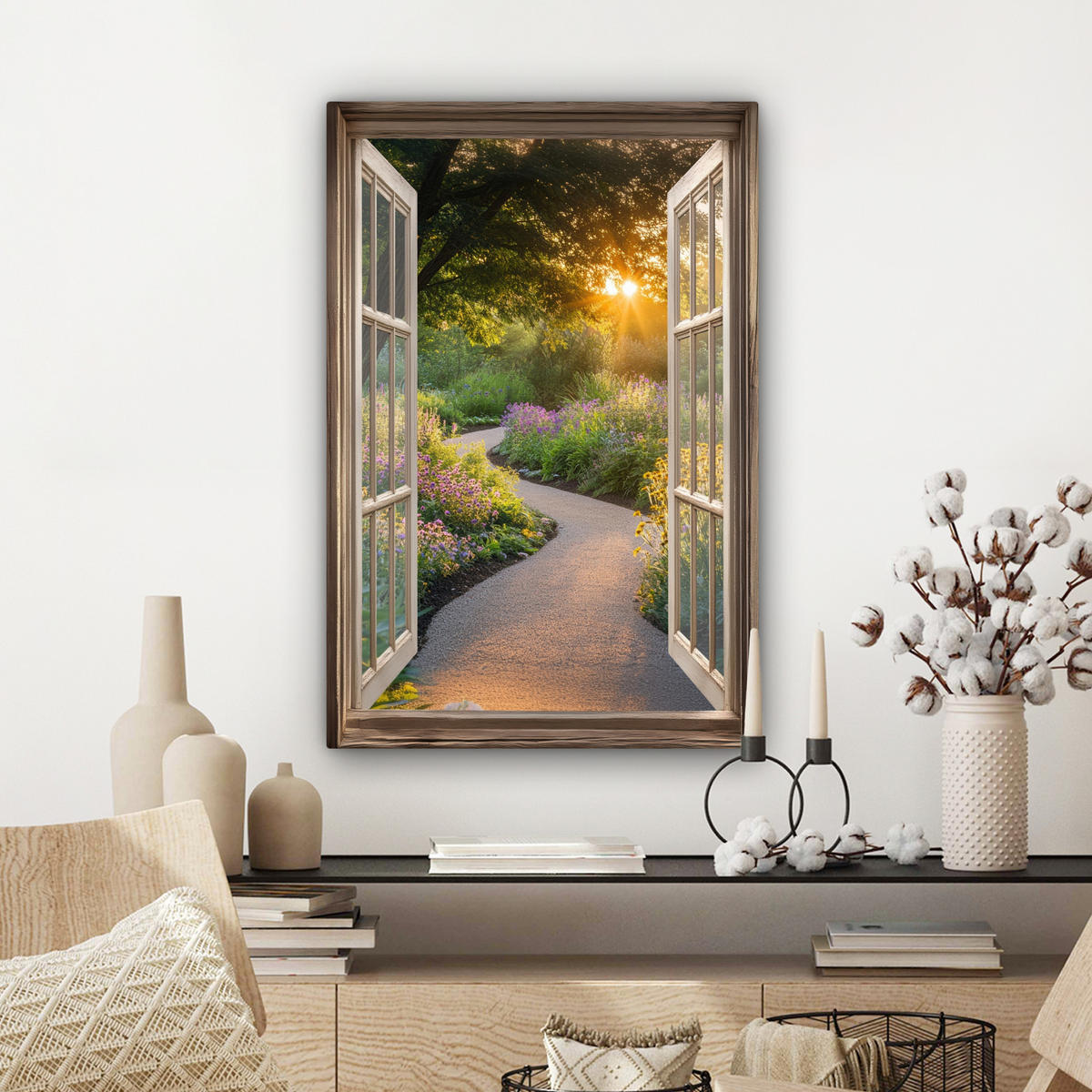 LEINWANDBILD Aussicht - Blumen - Natur - Sonne - Weg Wanddeko 40x60 cm - Hellgelb, Textil (40/60cm) - MuchoWow