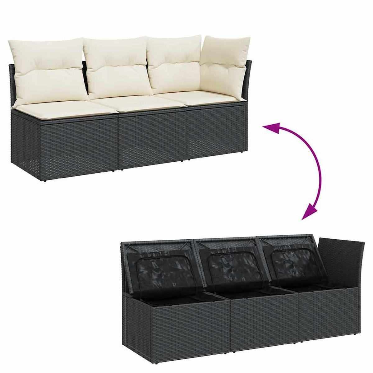 GARTENSOFA Mit Kissen 3-Sitzer Schwarz Poly Rattan - Schwarz, Kunststoff (172/69/62cm) - vidaXL