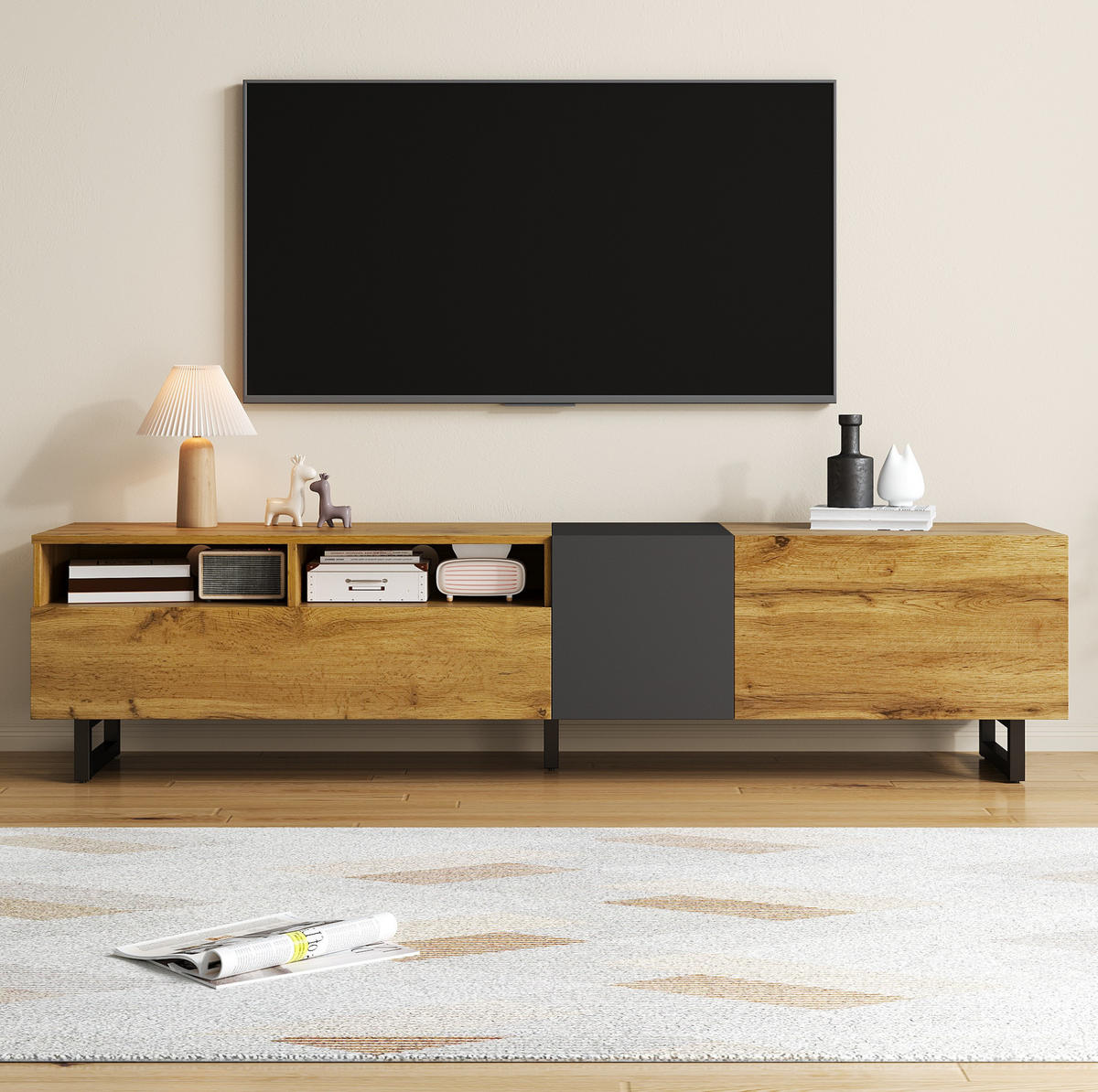 TV ormarić 170/42/36,5 cm tamnosivi i prirodni od iverice s 3 vrata i 2 otvorena pretinca - prirodne boje, drvni materijal (170/42/36.5cm) - OKWISH