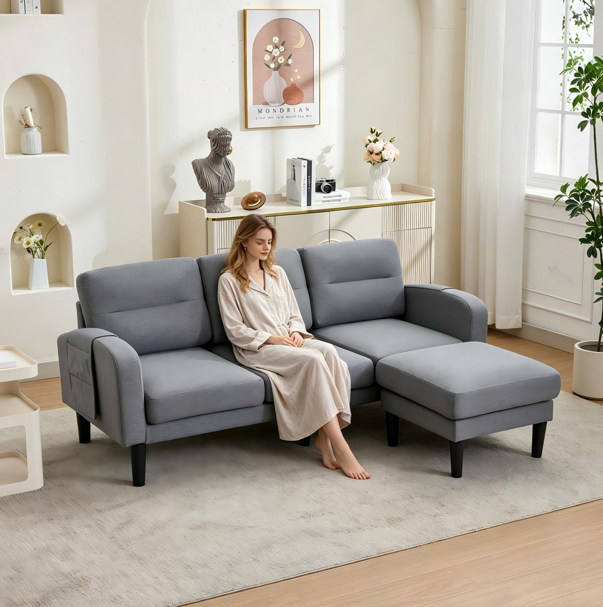 ECKSOFA 204/136/80 cm aus Stoff mit Chaiselongue und seitlichen Aufbewahrungstaschen Grau - Grau, Textil (136/204cm) - Modenvie