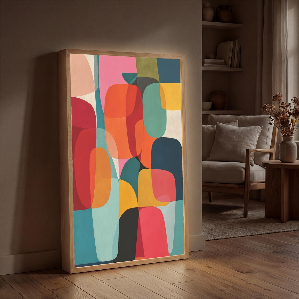 NÁSTĚNNÁ LAMPA S AKUMULÁTOREM Tvary - barevné - abstraktní - letadla 60x90 cm - různobarevná, kompozitní dřevo (60/90/8cm) - OnlyWow