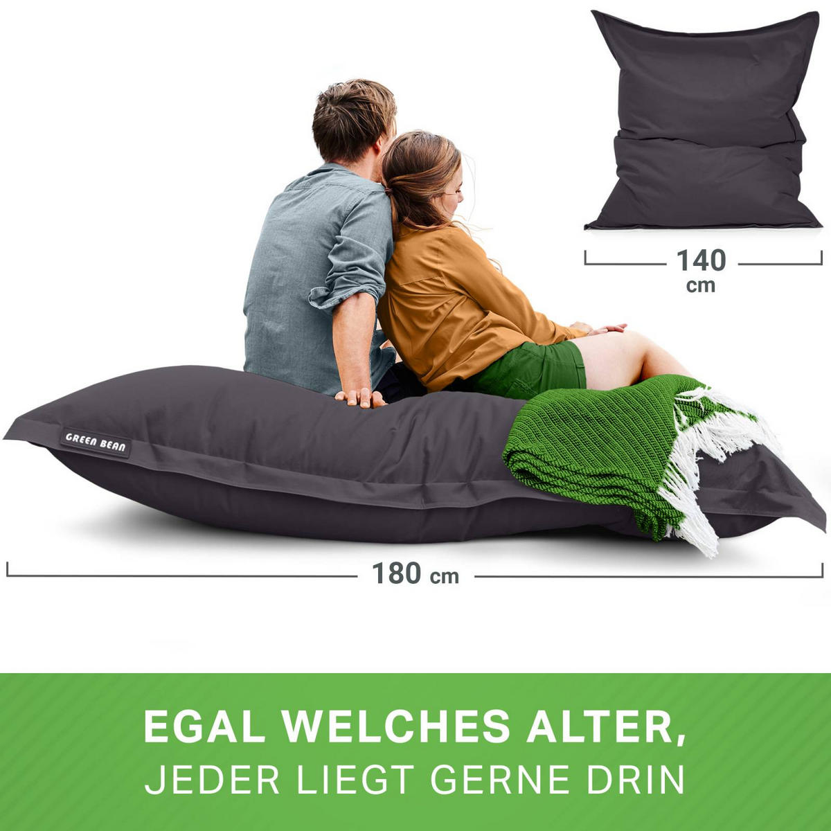 RIESEN-SITZSACK "Square" 120x160cm 270 L - Anthrazit, Textil (120/25/160cm) - Green Bean