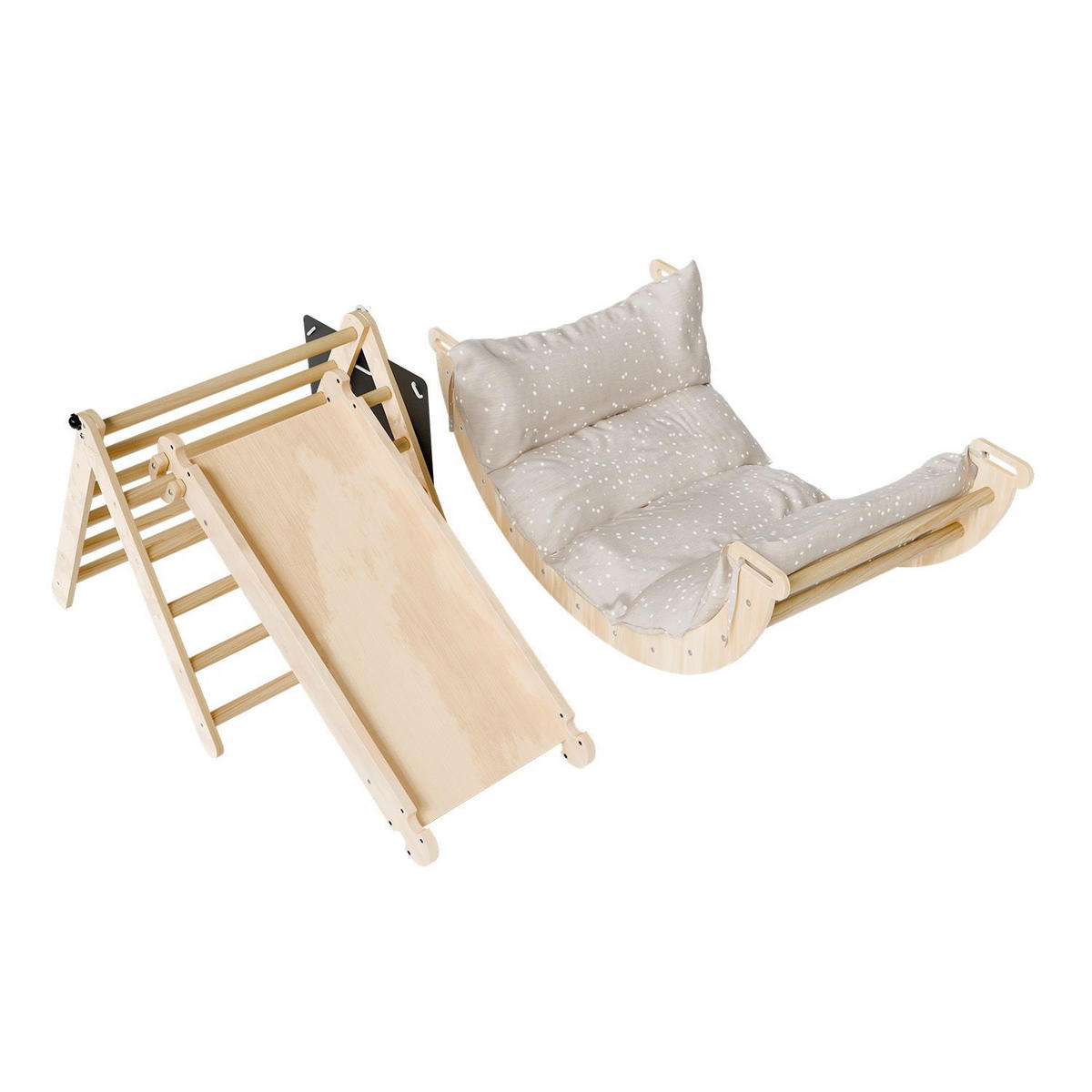 KLETTERDREIECK Movario mit Kissen 80x50cm - Klein - Naturfarben, Holz (54/55/54cm) - Juskys