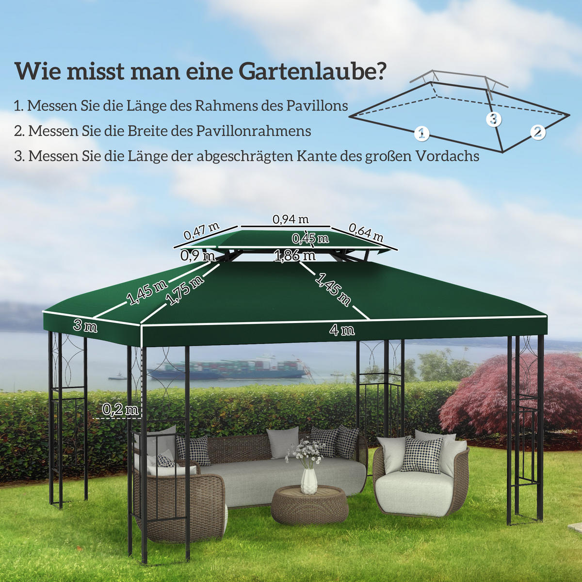 PAVILLON-ERSATZDACH von Outsunny 3x4 m, Doppeldach-Design, wetterfestes Polyester-Ersatzteil für Partyzelt und Gartenpavillon, Grün - Grün, Textil (300/20/400cm)