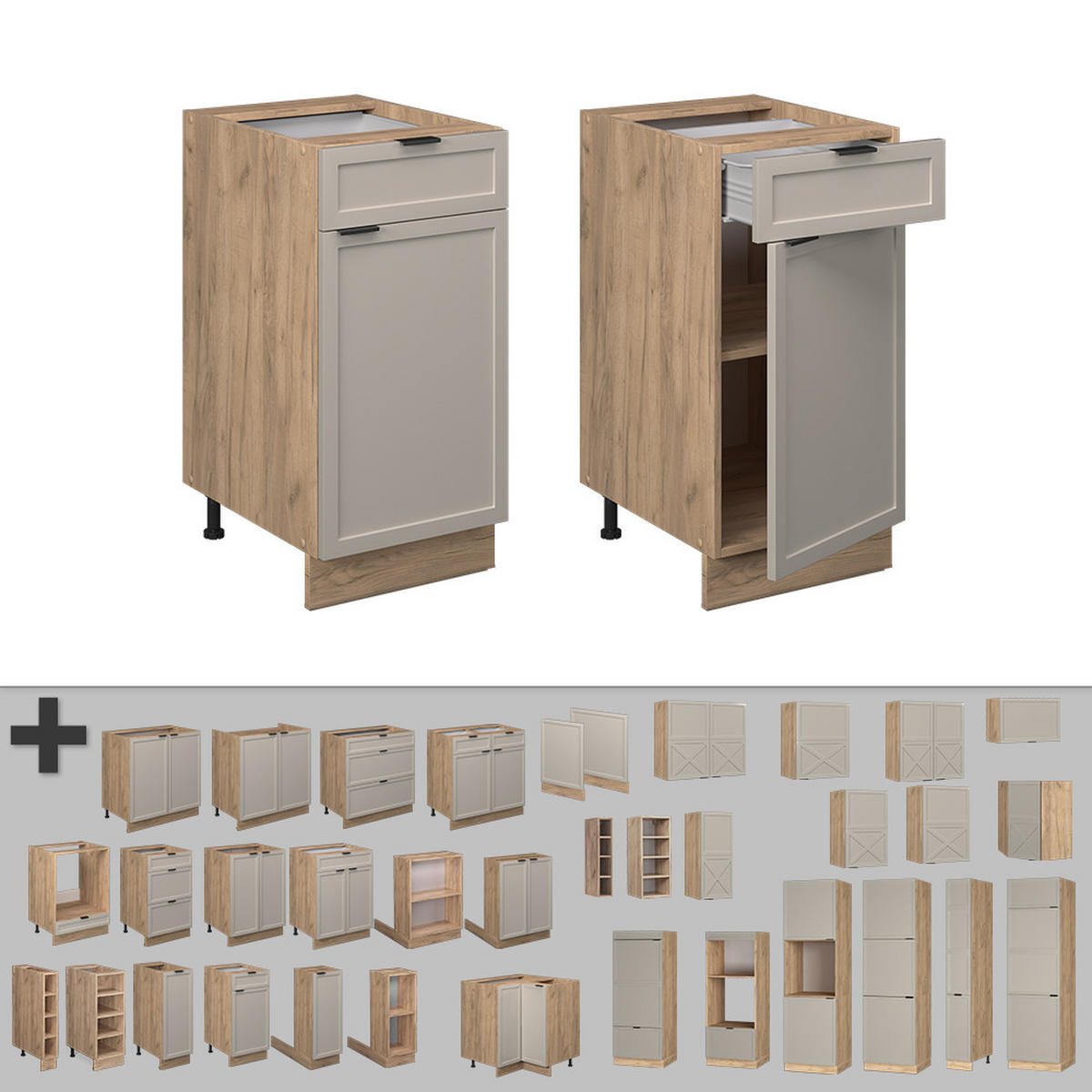 KÜCHENUNTERSCHRANK Fame-Line GrauBeige 40 cm, AP Eiche - Honigeiche/Eiche Wotan, Holzwerkstoff (40/82/60cm) - Vicco