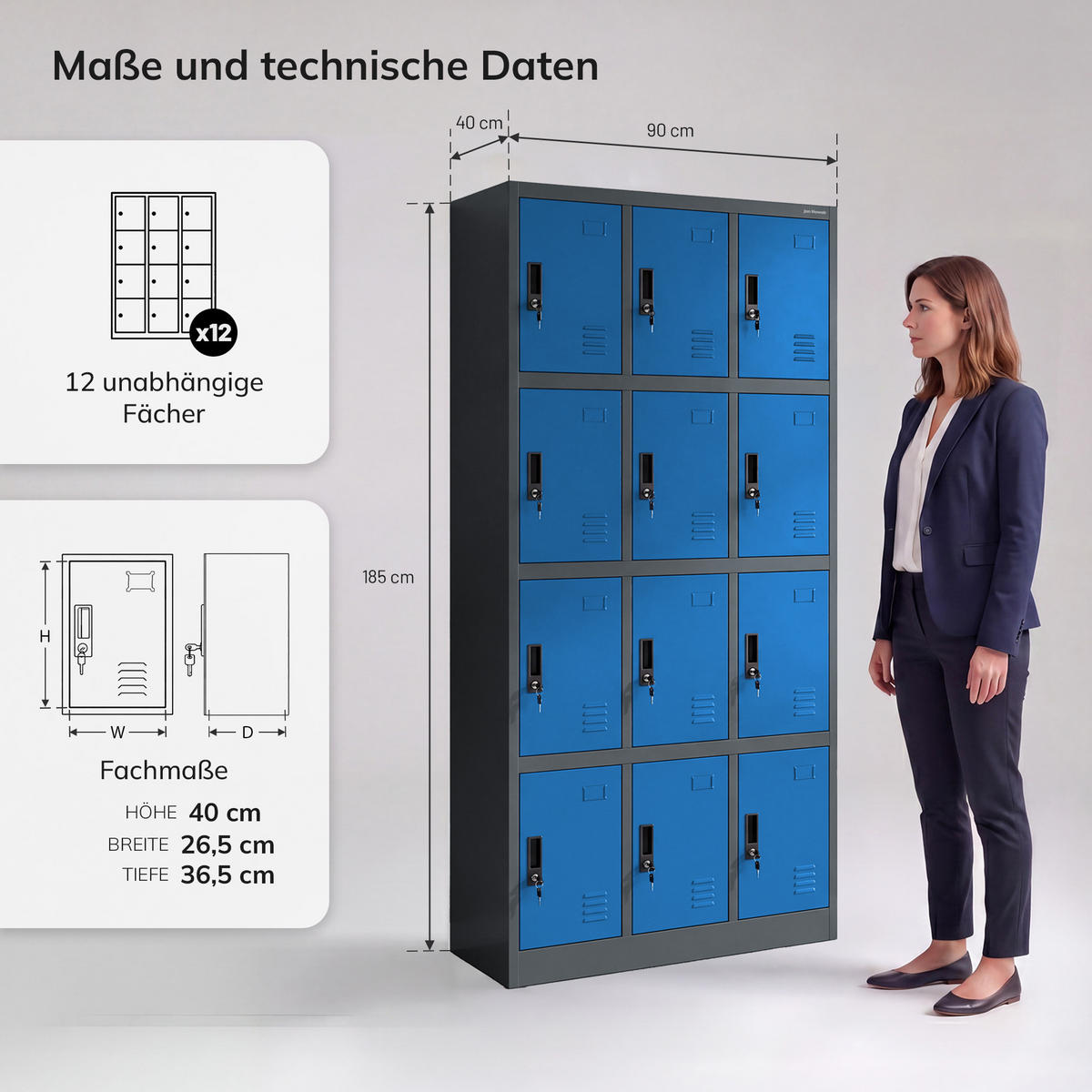 SCHLIESSFACHSCHRANK Marcin 90 x 185 x 40 cm - Blau/Anthrazit, Metall (90/185/40cm) - Jan Nowak