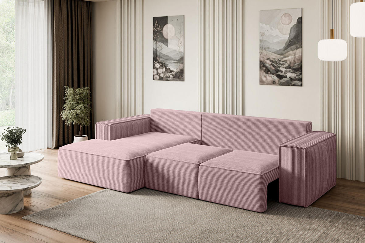 ECKSOFA mit Schlaffunktion und Bettkasten SERRA-L-S - 266x161x87 cm Rosa Cord - Schwarz/Rosa, Holzwerkstoff/Kunststoff (266/161cm) - ALTDECOR