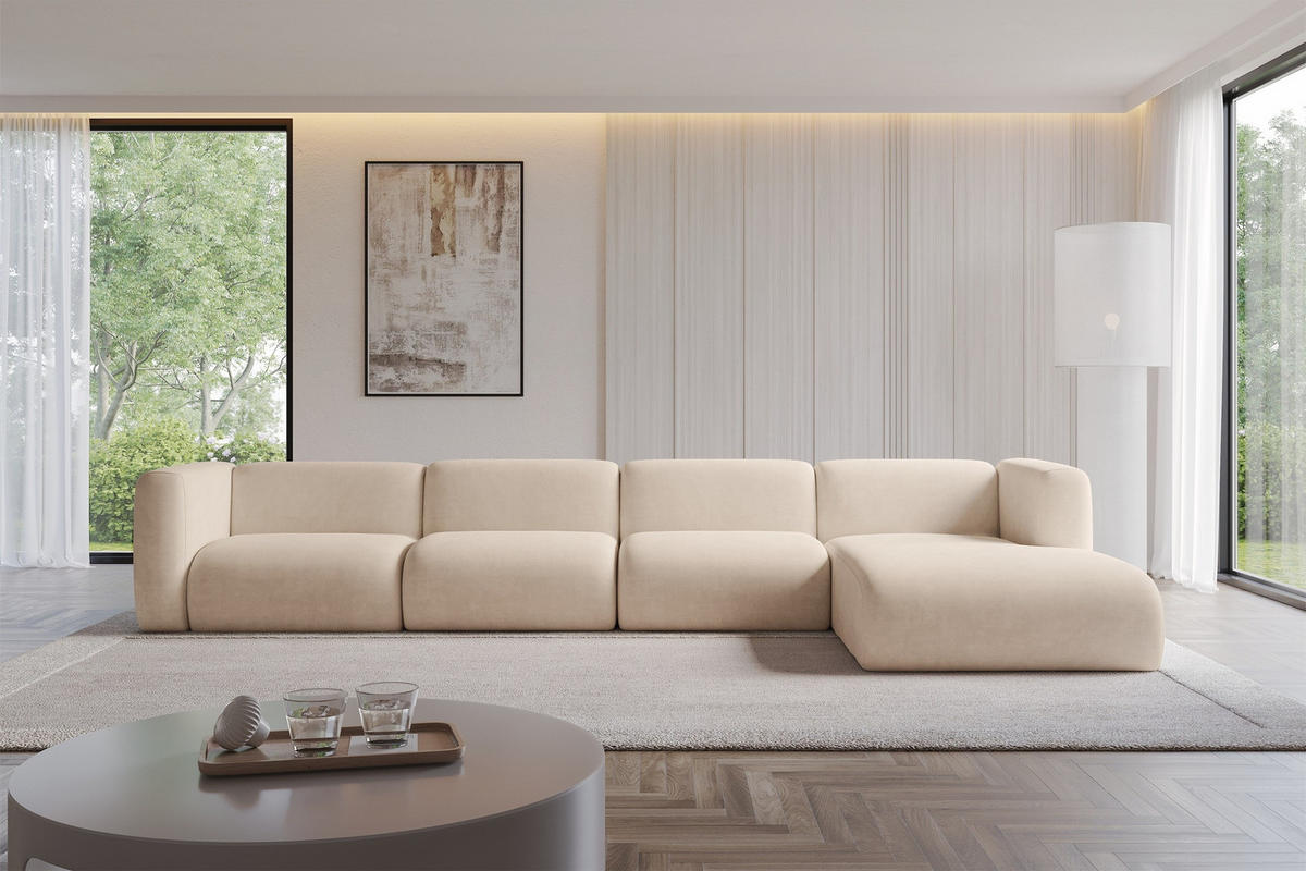 ECKSOFA Ottomane Rechts MIRA-L3 409x179x70 Beige Velours - Greige/Beige, Holzwerkstoff/Kunststoff (409/179cm) - ALTDECOR