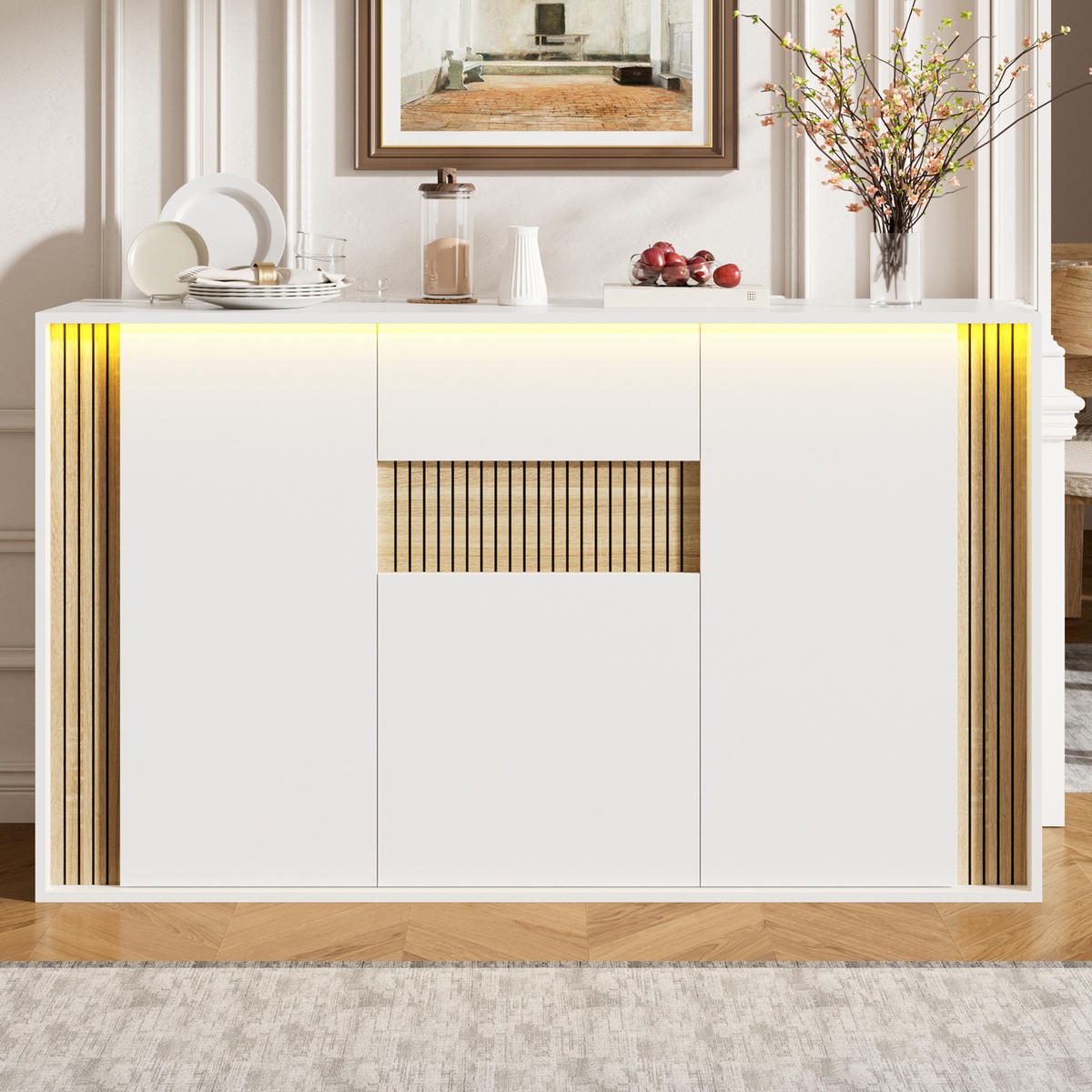 SIDEBOARD 140x40x82cm Weiß mit LED und 3 Türen - Weiß/Naturfarben, Holzwerkstoff (140/82/40cm) - FLIEKS