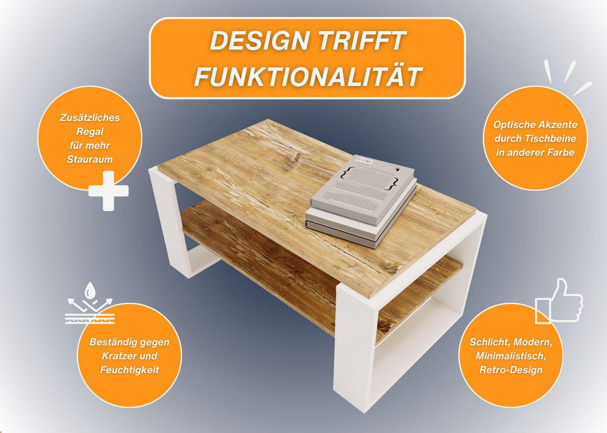 COUCHTISCH Holzwerkstoff rechteckig stabil Kiefer Milford 42/54/96cm - Kiefer Milford/Weiß, Holzwerkstoff (53.8/96/42cm) - CraftPAK