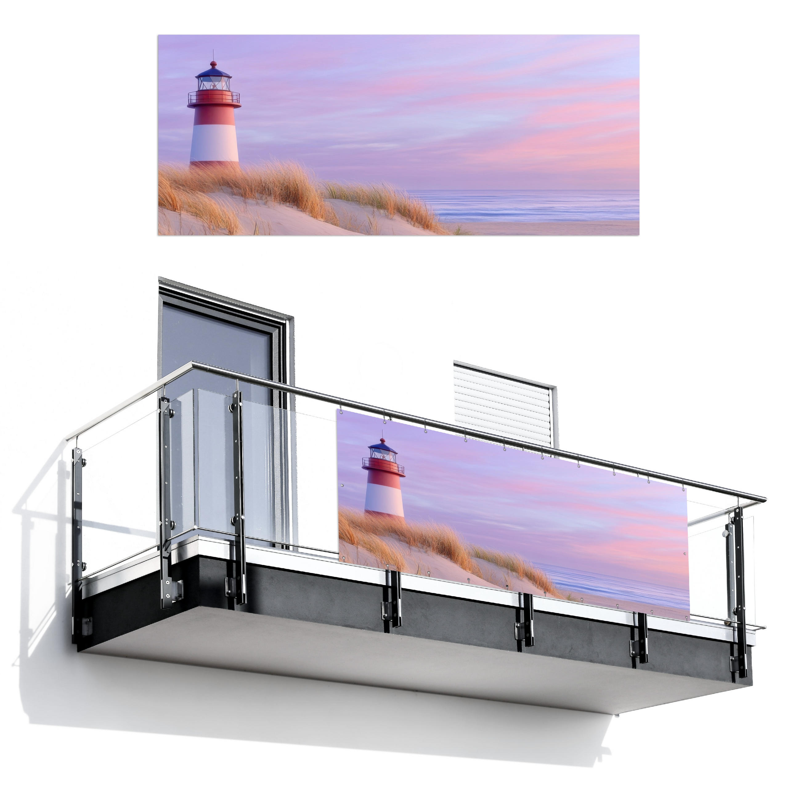 BALKON-SICHTSCHUTZ Leuchtturm - Dünen - Sonnenuntergang 300x120 cm - Hellrosa, Kunststoff (300/120cm) - MuchoWow