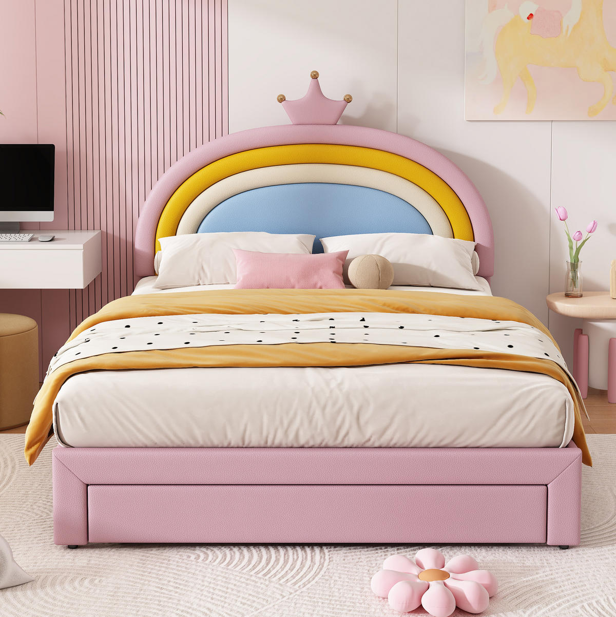 KINDER-POLSTERBETT aus PU 140x200 cm Rosa mit höhenverstellbarem Regenbogen-Kronen-Kopfteil und Schubladen - Pink, Kunststoff (140/200cm) - Modfu