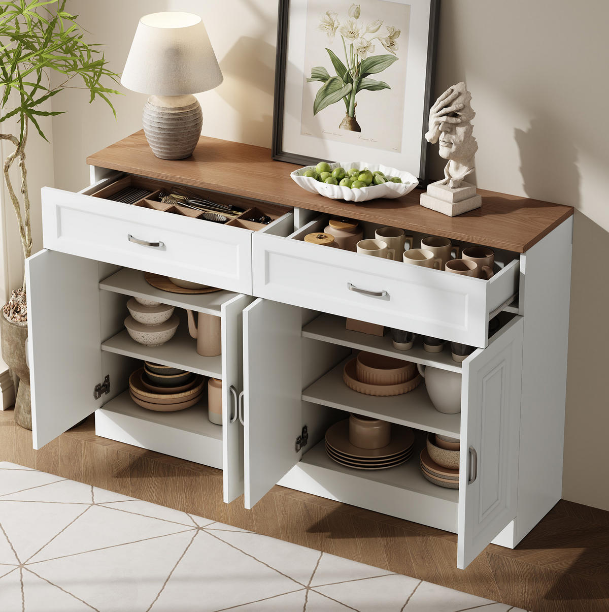 SIDEBOARD mit 4 Türen und 2 Schubladen, Spanplatte, 120/35/80,5 cm, Holzoptik, Weiß - Weiß, Holzwerkstoff (120/80.5/35cm) - Redom