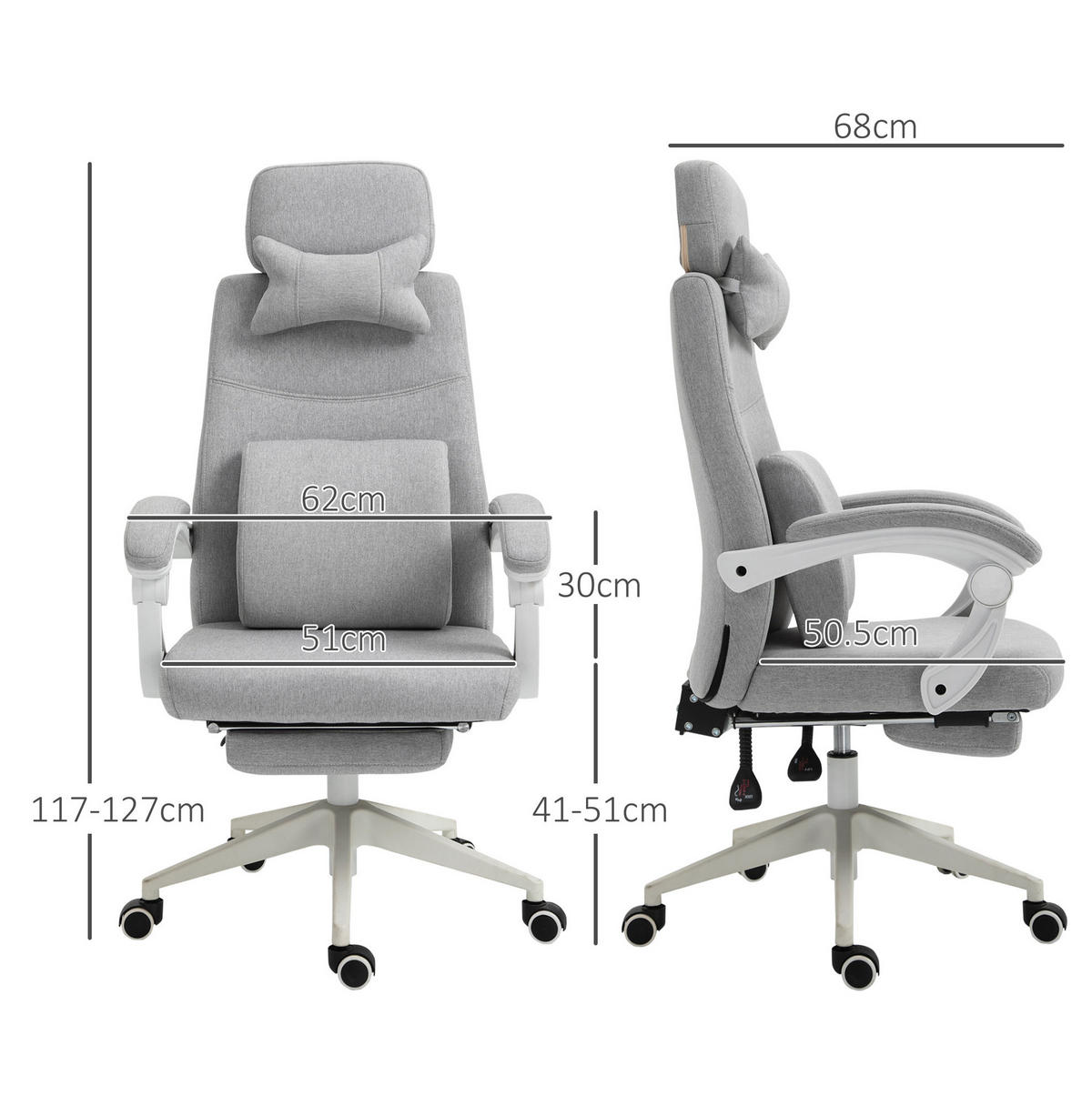 BÜROSTUHL ergonomisch höhenverstellbar Grau mit Fußstütze - Grau, Kunststoff (68/117/62cm) - Meubliv