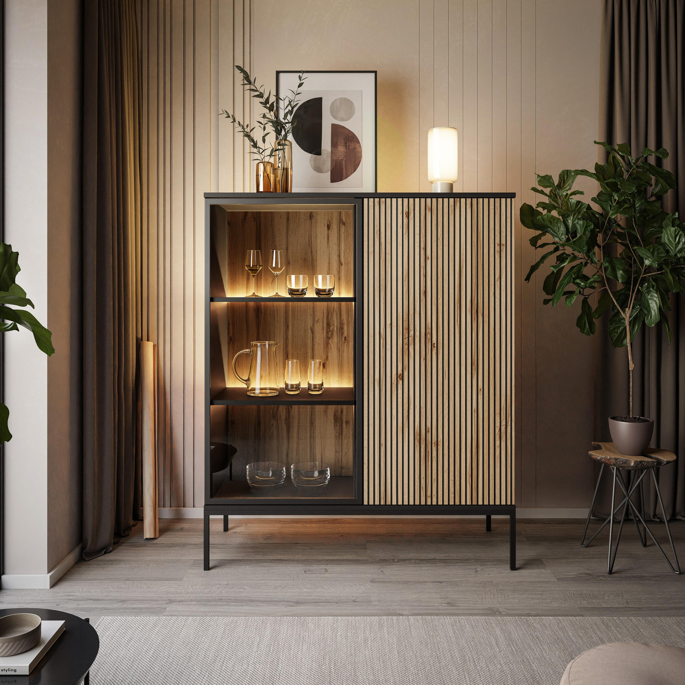 NIEDRIGE Vitrine ECLIPSE WT104 mit Beleuchtung,Schwarz Eiche Wotan - Eiche Wotan, Holzwerkstoff (104/126/39cm) - Lookway