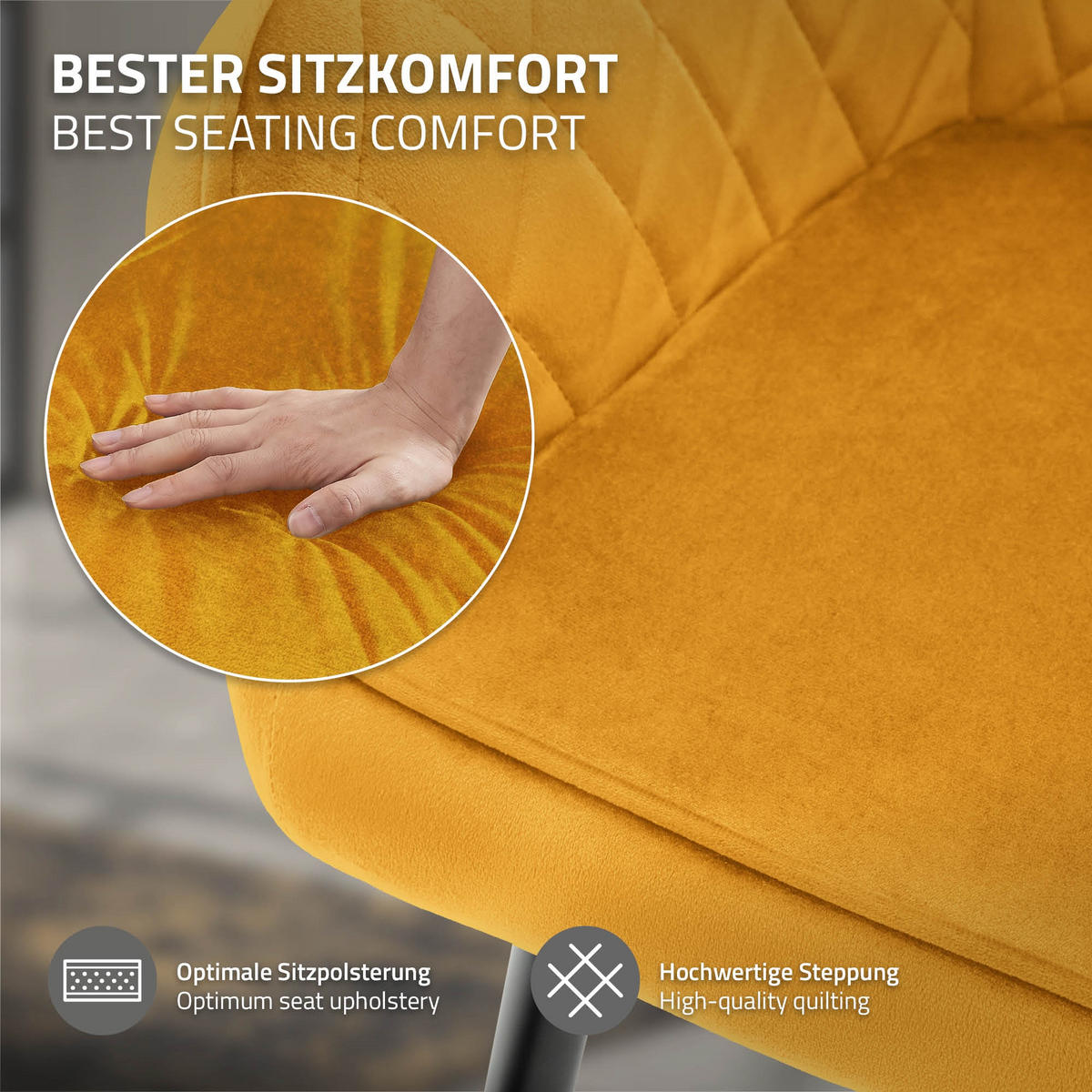 ESSZIMMERSTUHL 6er Set Senfgelb Samt - Gelb/Schwarz, Textil/Metall (63/80/60cm) - ML-DESIGN