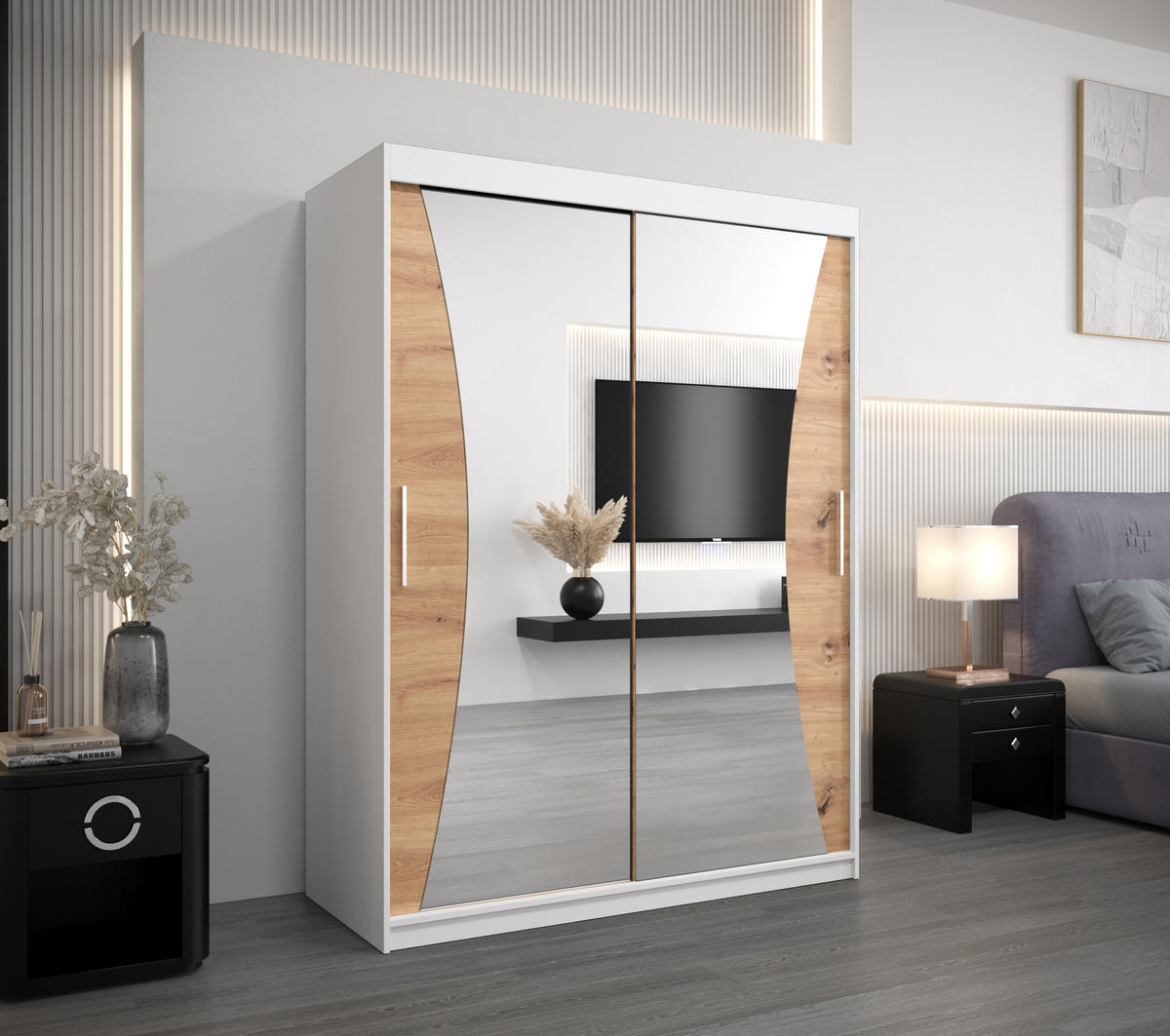 SCHWEBETÜRENSCHRANK 200/150/62 2-türig - Silberfarben/Weiß, Holz/Kunststoff (150/200/62cm) - Abiks Möbel