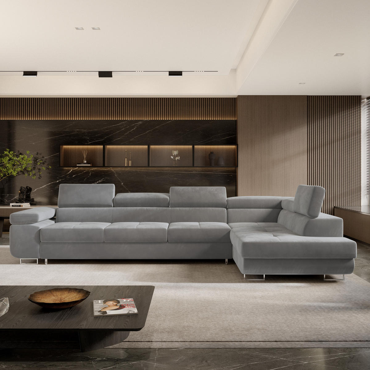 ECKSOFA VICENTE Grau Velours-Stoff mit Schlaffunktion - Grau, Holz (346/202cm) - MASSENO