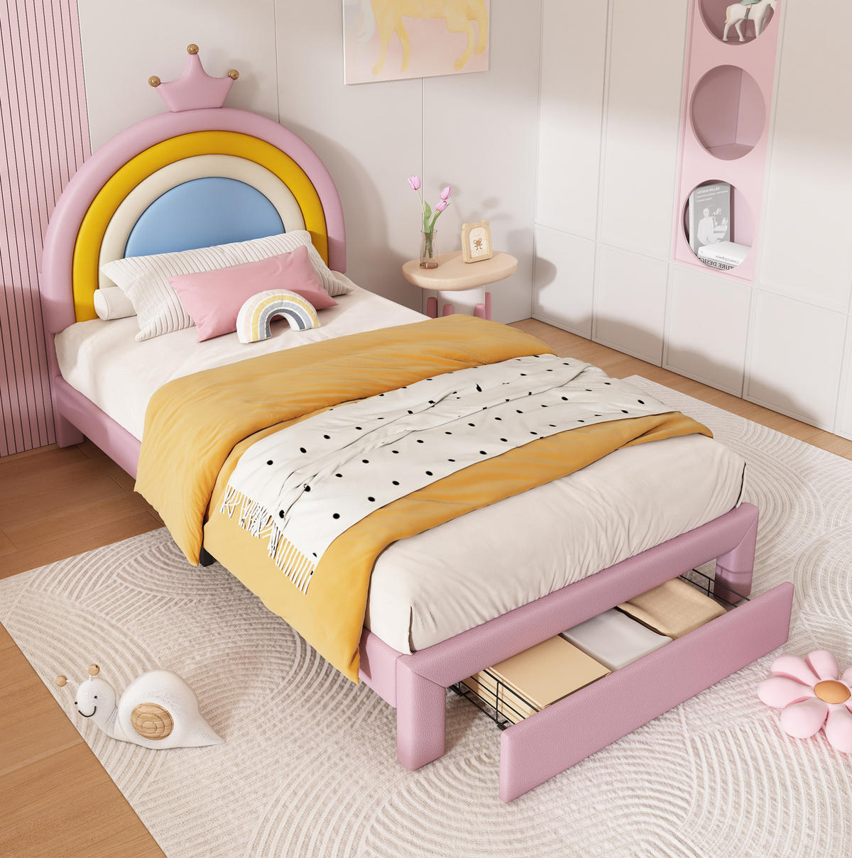 KINDER-POLSTERBETT aus PU 90x200 cm Rosa mit höhenverstellbarem Regenbogen-Kopfteil und Schublade - Pink, Kunststoff (90/200cm) - IVMEU