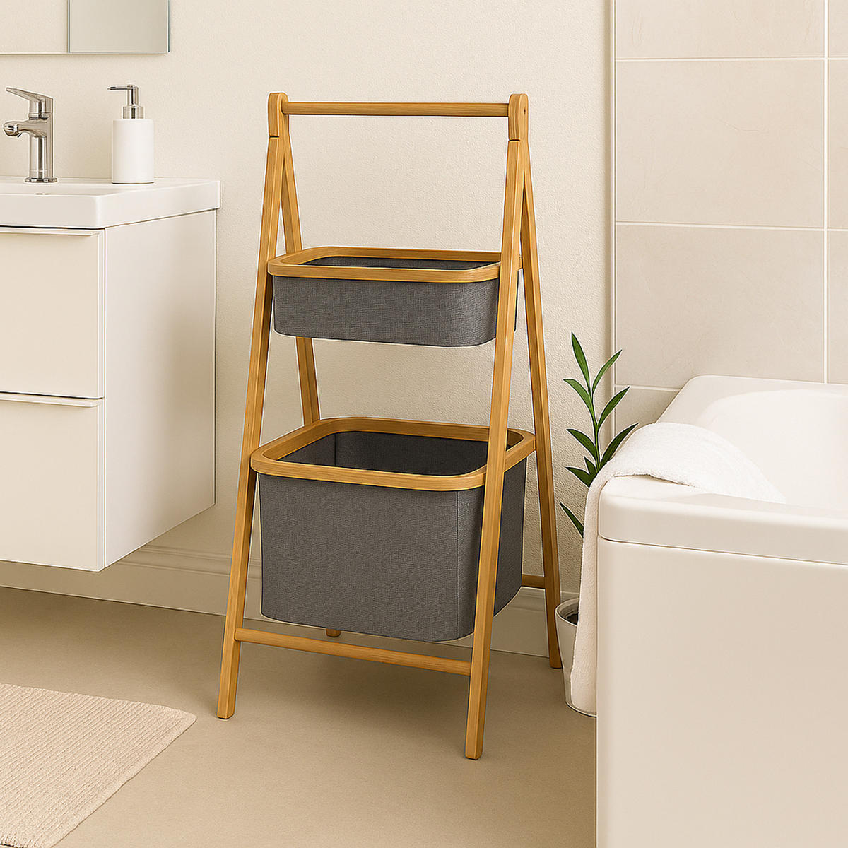 AUFBEWAHRUNGSREGAL Bambus mit 2 Stoffkörben - 34×45×97 cm - Grau, Textil (45/97/34cm) - Bestlivings