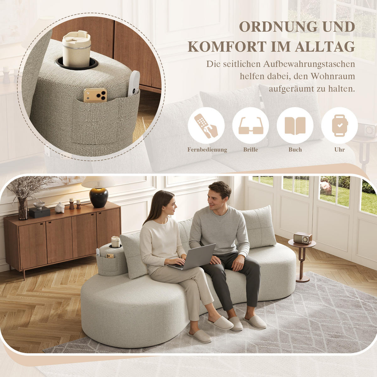 3-SITZER SOFA leinenstoff farbwahl mit getränkehalter & seitentaschen - Beige, Textil (240/63/109cm) - Urban Meuble