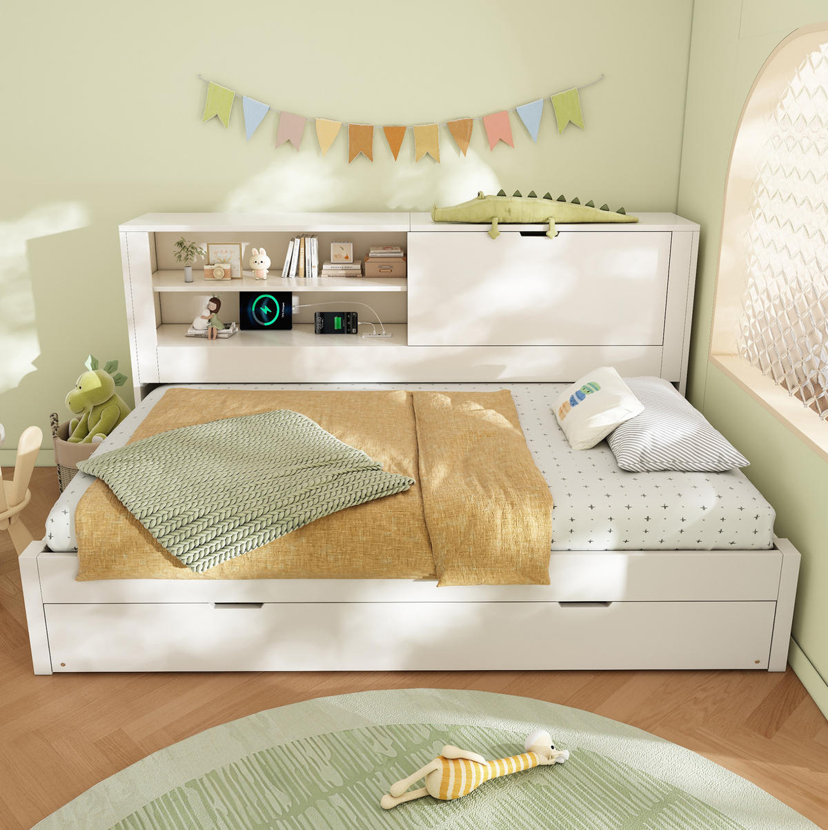 POLSTERBETT 90/200 cm mit Ausziehbett, Stauraum-Rückwand, USB- und USB-C-Anschluss, Holz, Weiß - Weiß, Textil (90/200cm) - Redom