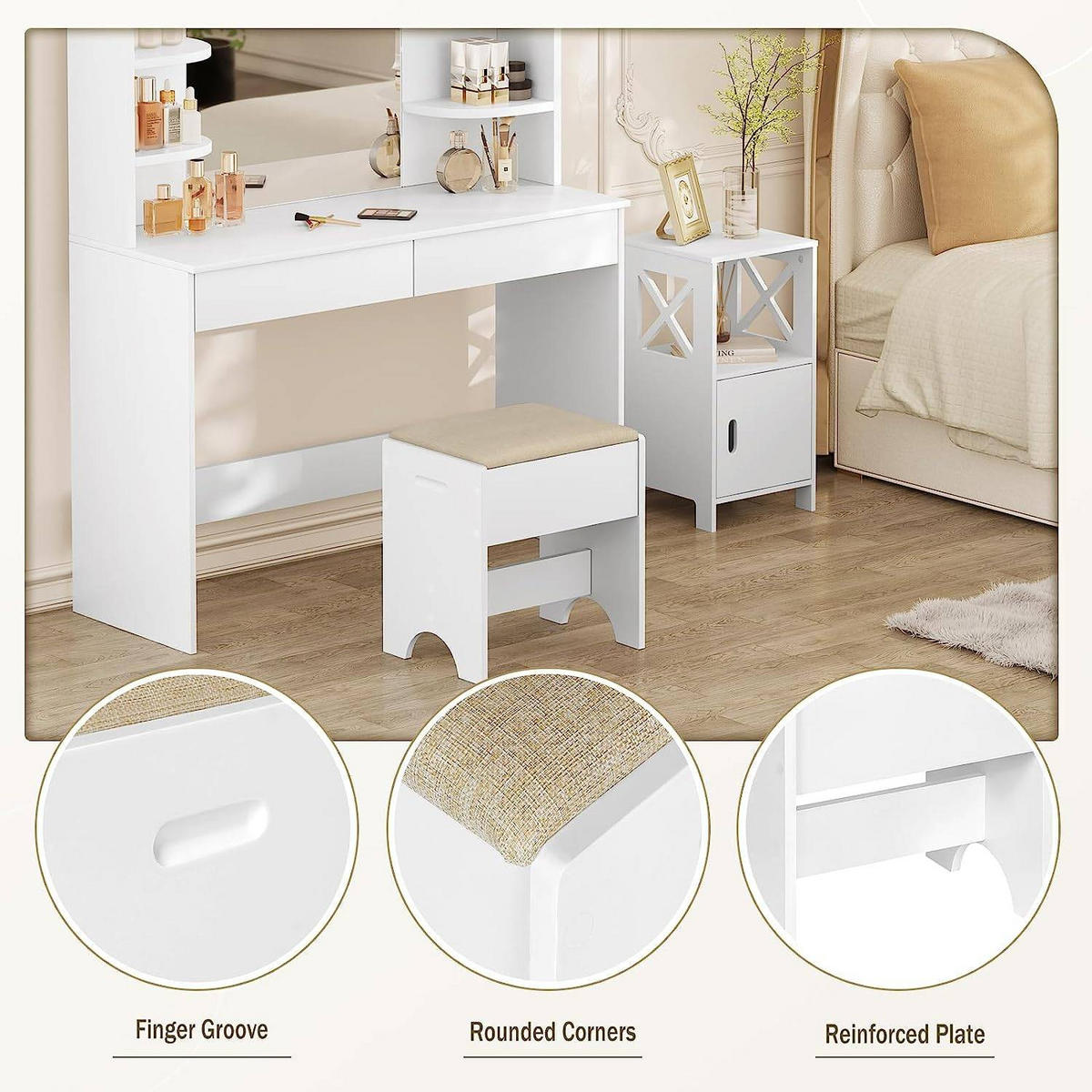 SCHMINKHOCKER mit Leinenbezug, 150 kg belastbar, Holz, Weiß Beige - Beige/Weiß, Holzwerkstoff/Textil (40/45/30cm) - Woltu