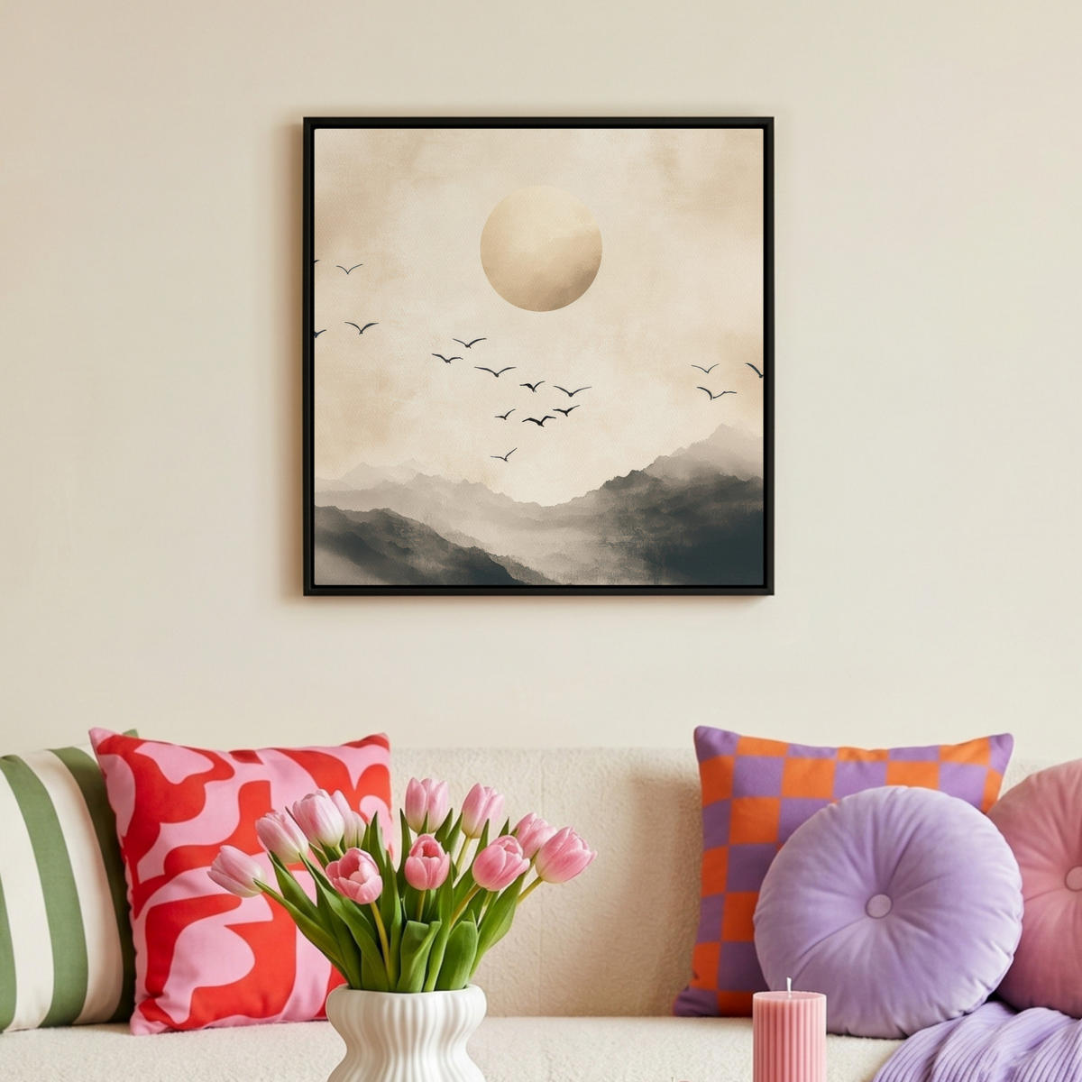 LEINWAND Bilder mit Rahmen - Landschaft - Japandi - Vogel - 50x50 - Beige, Textil (50/50cm) - MuchoWow