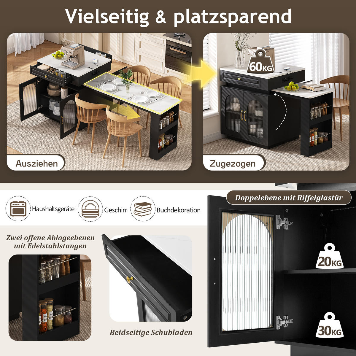 BARTISCH 128–200×71×92 cm aus MDF+Glas mit Riffelglas, LED & USB-Ladestation, schwarz - Schwarz, Holzwerkstoff (200/71/92cm) - Luhomfu