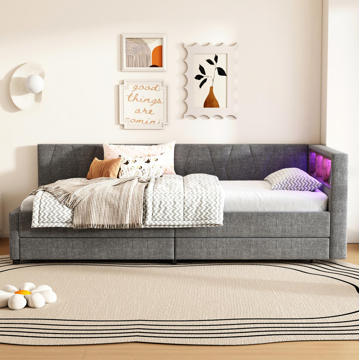 POLSTERBETT 90/200 cm mit Schubladen, LED und USB- und Type-C-Anschlüssen - Grau, Textil (90/200cm) - Flora Grace