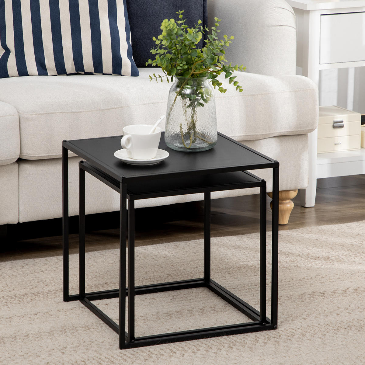 2-PACK soffbord och sidobord för vardagsrummet med stålstativ i svart - Svart, Metall (40/40/40cm) - HOMCOM