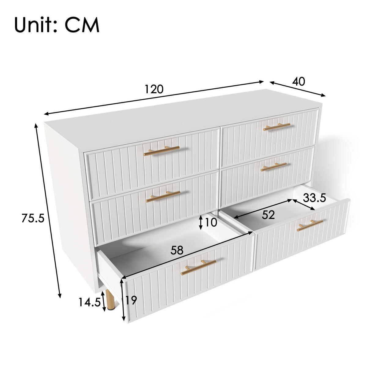 KOMMODE in Weiß Sideboard mit 6 Schubladen für Wohnzimmer und Schlafzimmer, B120/T40/H75 cm - Goldfarben/Weiß, Holzwerkstoff/Metall (120/75/40cm) - STILVORA