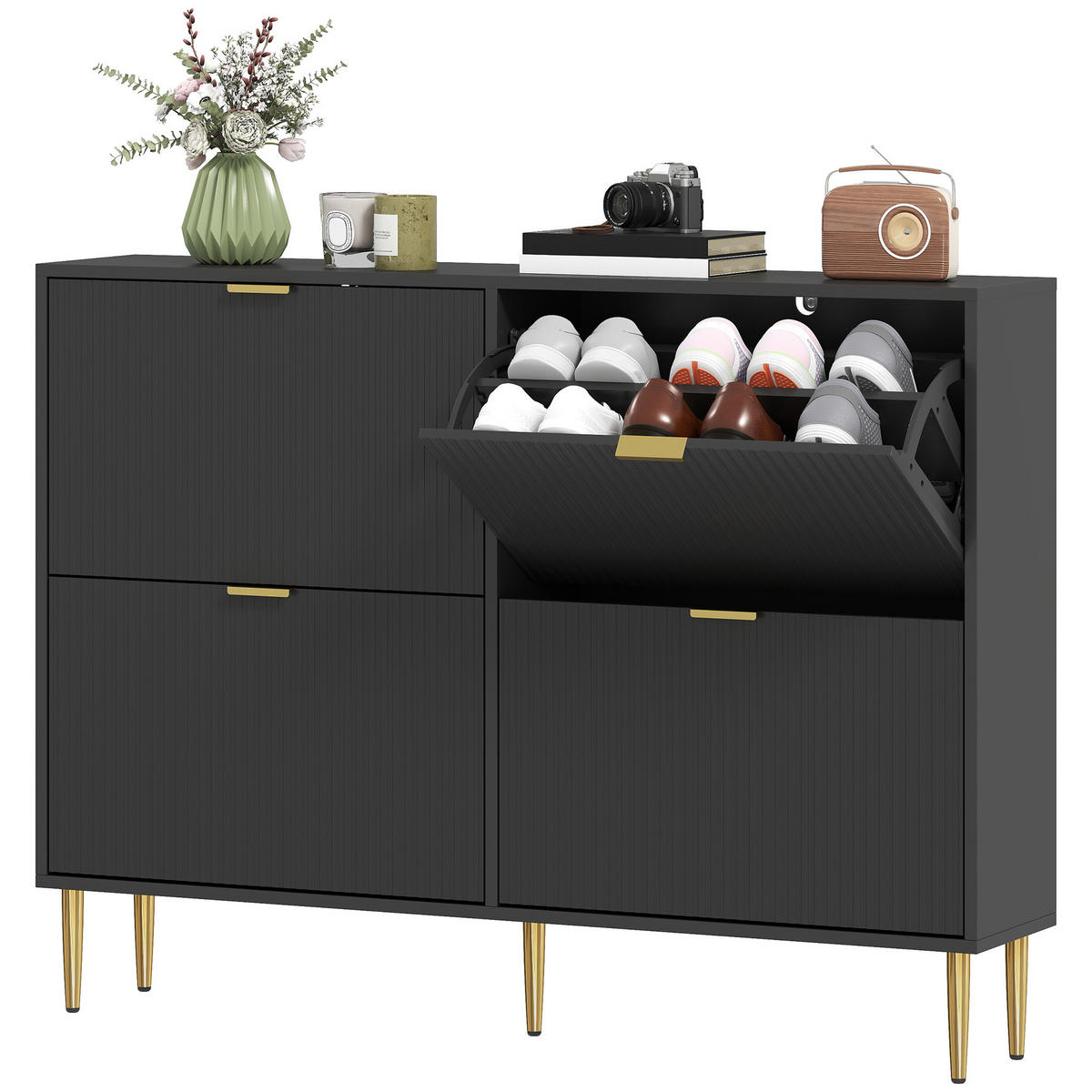 SCHUHKIPPER DE-15073 4 Klapp-Schubladen, geriffelte Türen Schwarz - Schwarz, Holzwerkstoff (105/91.5/24cm) - ComfortXL