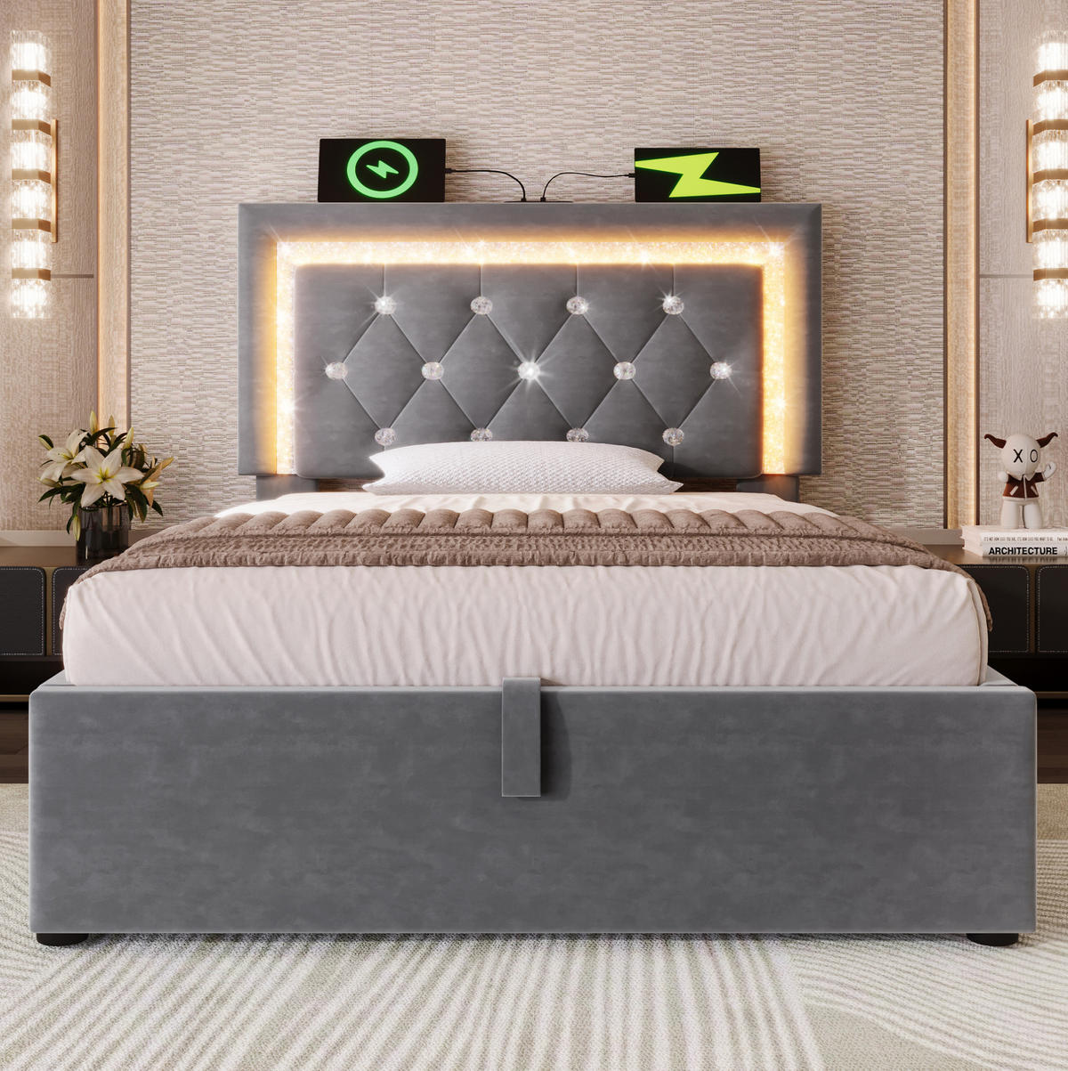 POLSTERBETT mit Bettkasten 90x200 cm Samt Grau mit LED - Grau, Metall (90/200cm) - Meubliv