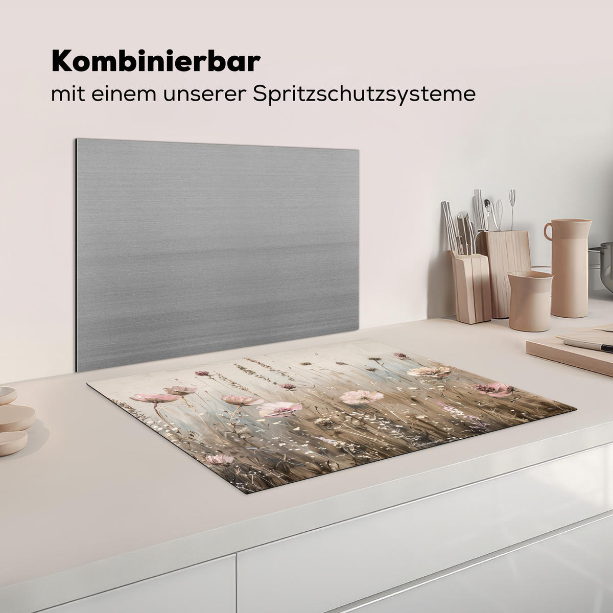 KRYT NA INDUKČNÍ DESKU Květiny - Béžová - Suché květiny 71x52 cm - béžová, plast (71/52/0.2cm) - MuchoWow