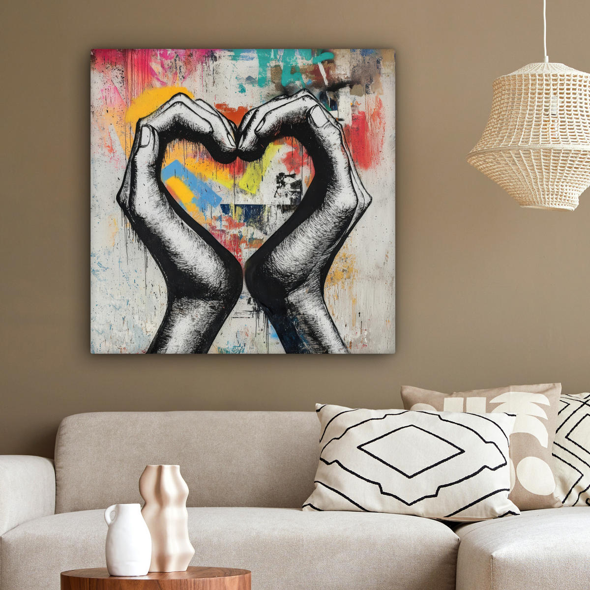 LEINWANDBILD - Hände - Herz - Straßenkunst - Graffiti - 90x90 - Gemälde - Multicolor, Textil (90/90cm) - MuchoWow