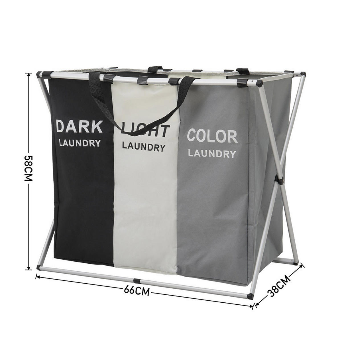 WÄSCHEKORB 3-Fächer Faltbar Aluminiumrahmen Oxford-Gewebe - Schwarz/Weiß, Textil/Metall (66/58/38cm) - Livingandhome