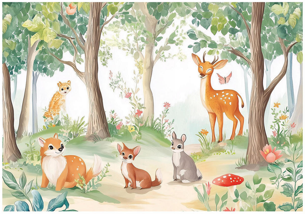 TAPETE Kinderzimmer Wald Tiere Vlies Fototapete 250x175 - Grün, Papier (250/175cm) - Wallarena