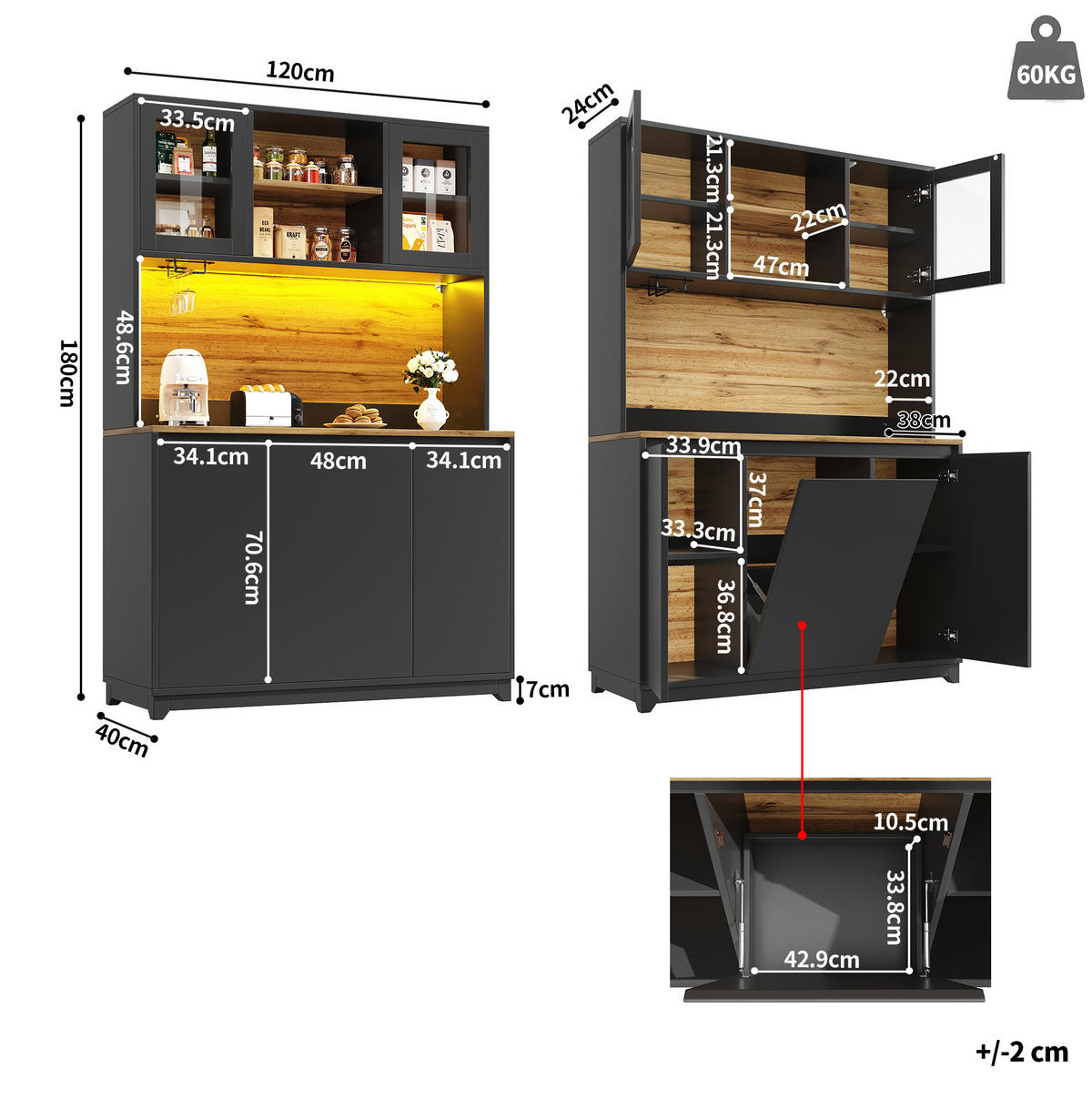 BUFFETSCHRANK 120/40/180 cm mit LED-Beleuchtung, Acryltüren und Abfallfach, Schwarz - Schwarz, Holzwerkstoff (120/180/40cm) - Redom