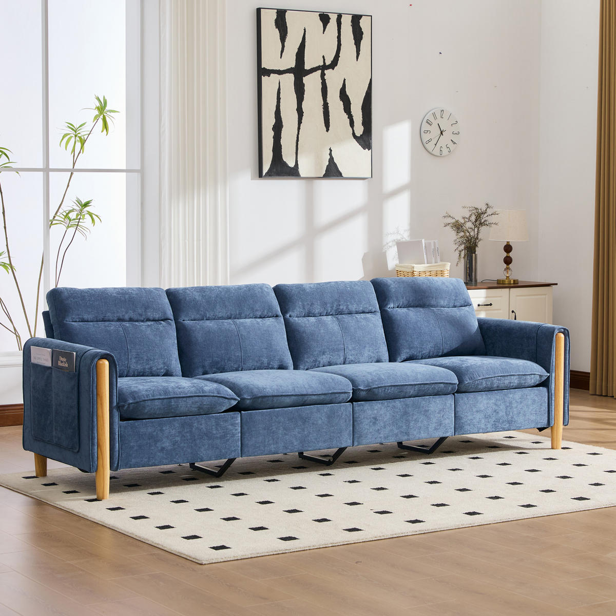 SOFA 261/77/86 cm in Blau aus Chenille, modular mit 2 Hockern und Stauraum - Blau, Textil (77/86/261cm) - Flora Grace
