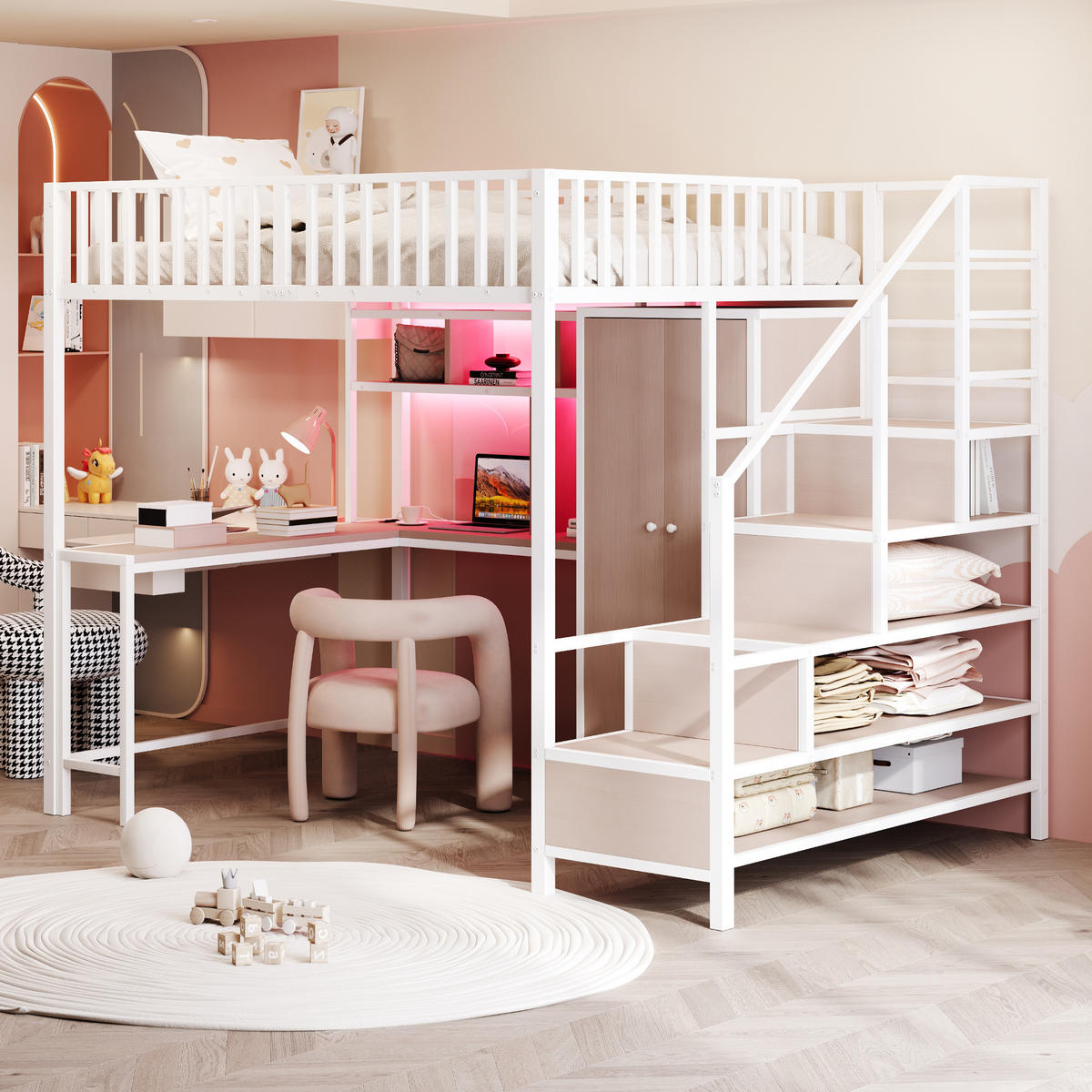 HOCHBETT 140/200 cm weiß aus Metall mit Schreibtisch Regal LED und USB - Weiß, Metall (140/200cm) - OKWISH