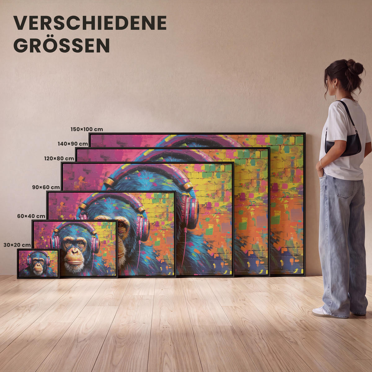 LEINWAND Bilder mit Rahmen - Graffiti - Schimpanse - Straßenkunst - Kopfhörer - Affe - 120x80 - Blau, Textil (120/80cm) - MuchoWow