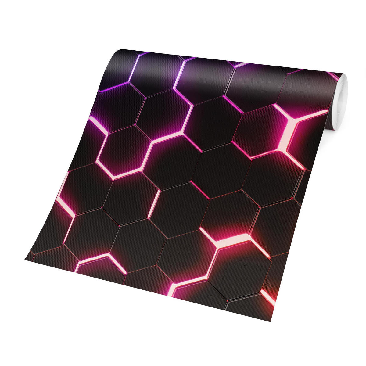 FOTOTAPETE Strukturierte Hexagone mit Neonlicht in Rosa und Lila 240/240 cm - Schwarz, Papier (240/240cm) - Bilderwelten