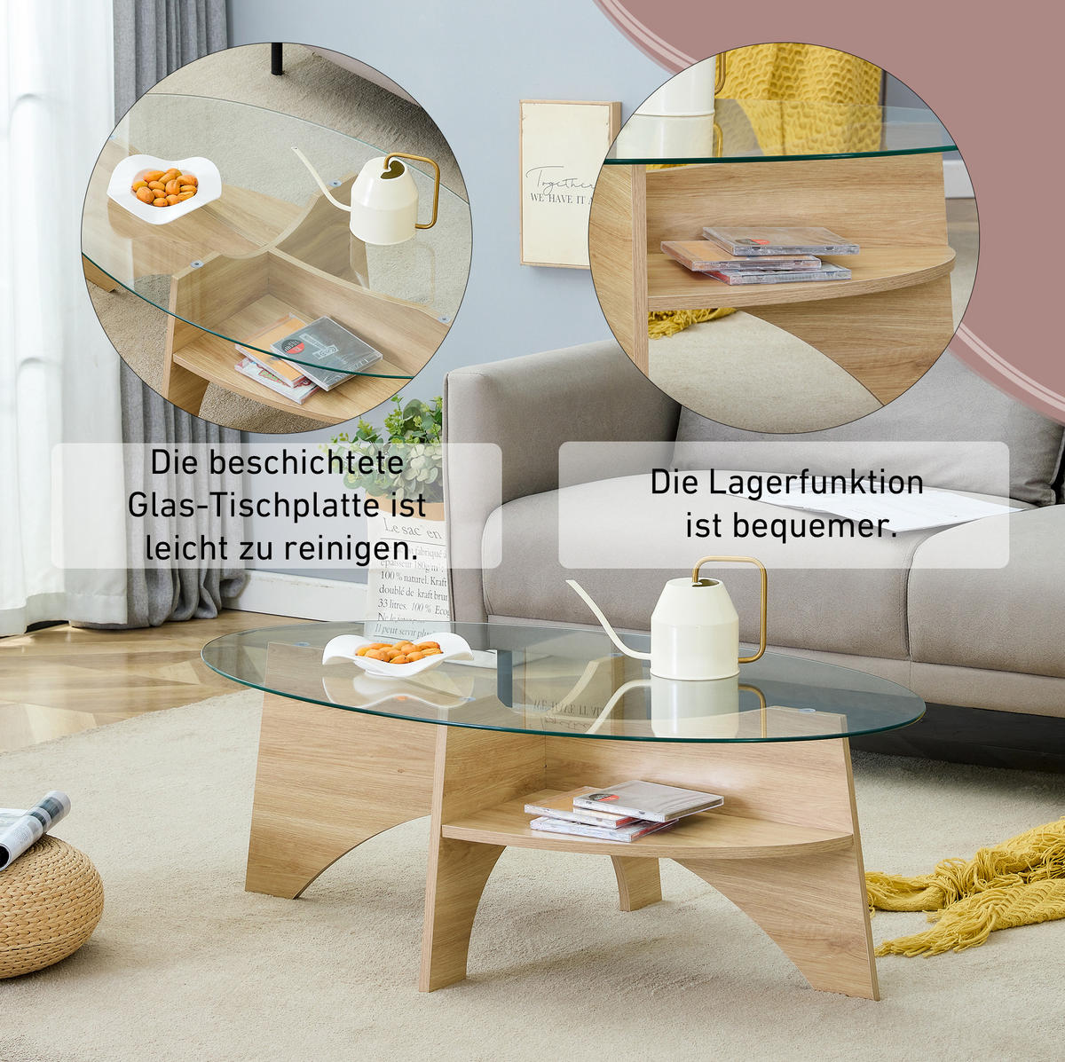 COUCHTISCH 104,9/60 cm aus Sicherheitsglas mit Ablage in Holzoptik - Transparent, Glas (104.9/60/45cm) - Flora Grace
