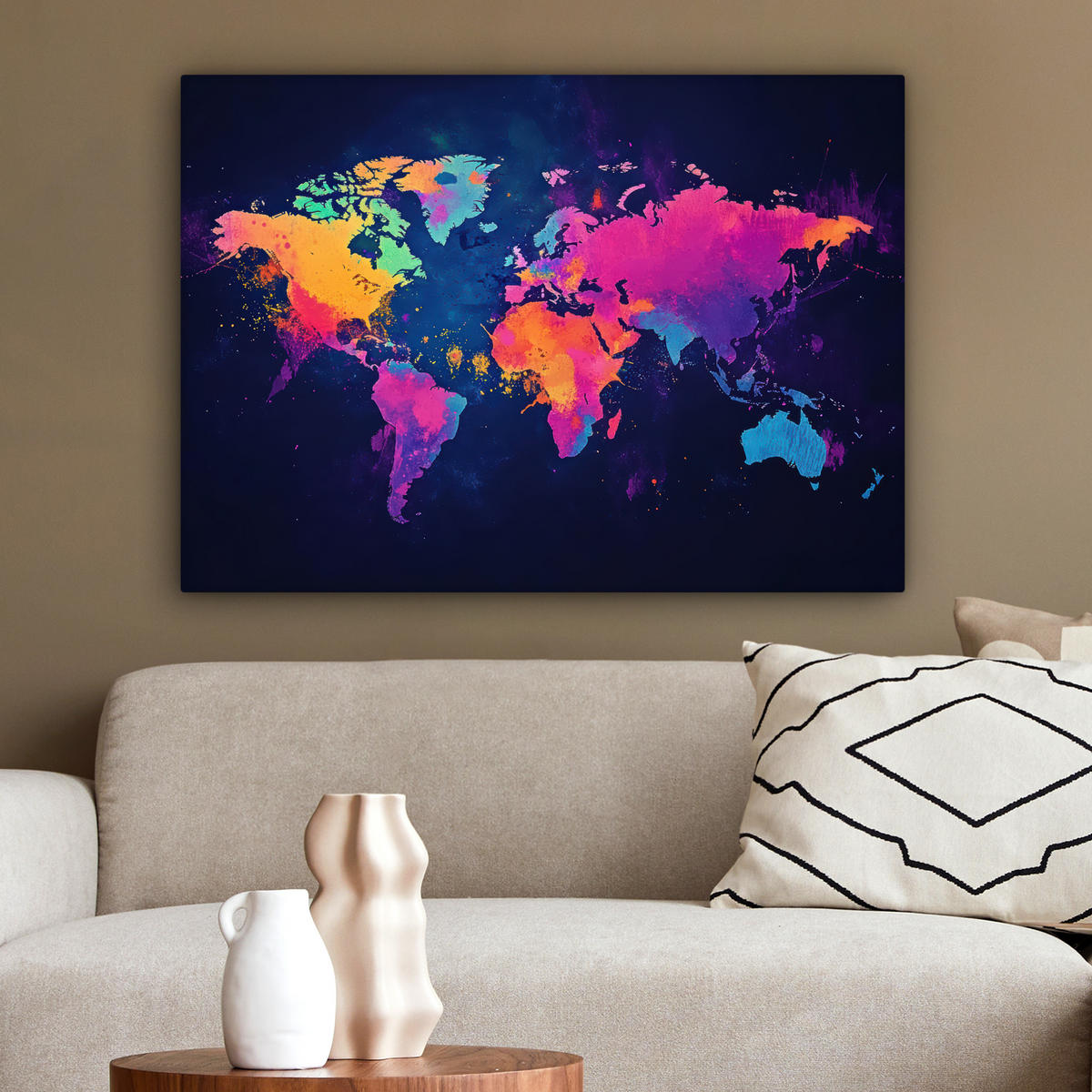 LEINWANDBILD Weltkarte - Bunt - Graffiti Wandbilder 80x60 cm - Multicolor, Textil (80/60cm) - MuchoWow